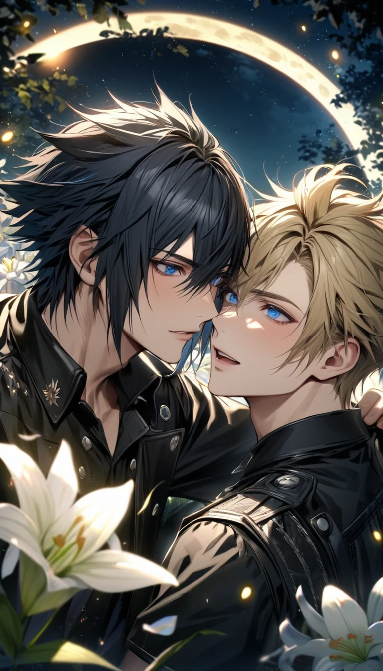 absurdres, highres, ultra detailed, HDR, master piece, best quality, Noctis Lucis Caelum, black hair, expressive blue eyes, Final Fantasy XV, Prompto Argentum, blond hair, expressive blue eyes, 2men together, gay couple, handsome, petals, white lilies, moon, fireflies, extremely detailed face and eyes