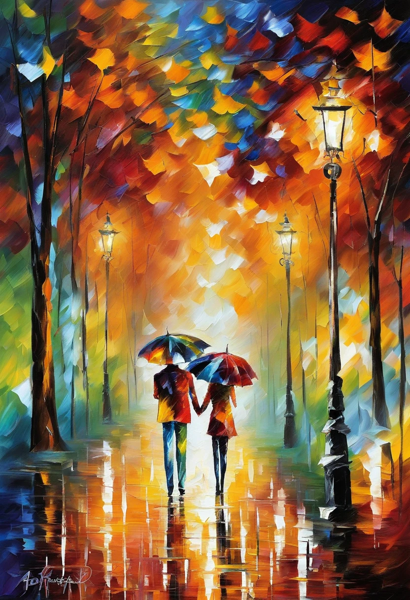 Painting of a couple walking in the rain holding umbrellas, Afremov, , Afremov leonid, inspired 列昂尼德·Afremov, style of leonid Afremov”, style of leonid Afremov, 列昂尼德·Afremov, covered in oil painting, leonid Afremov and tim white, Painted with palette knife. retreat, retreat socket