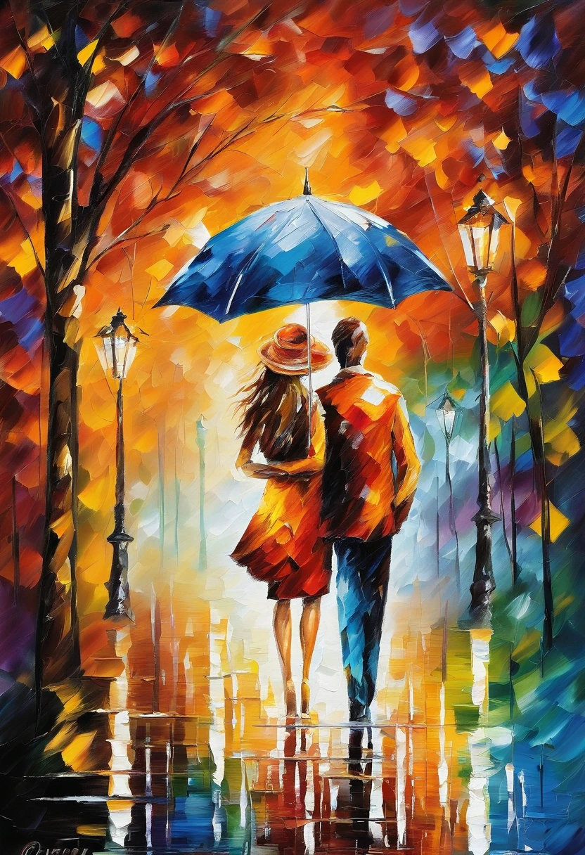 Painting of a couple walking in the rain holding umbrellas, Afremov, , Afremov leonid, inspired 列昂尼德·Afremov, style of leonid Afremov”, style of leonid Afremov, 列昂尼德·Afremov, covered in oil painting, leonid Afremov and tim white, Painted with palette knife. retreat, retreat socket