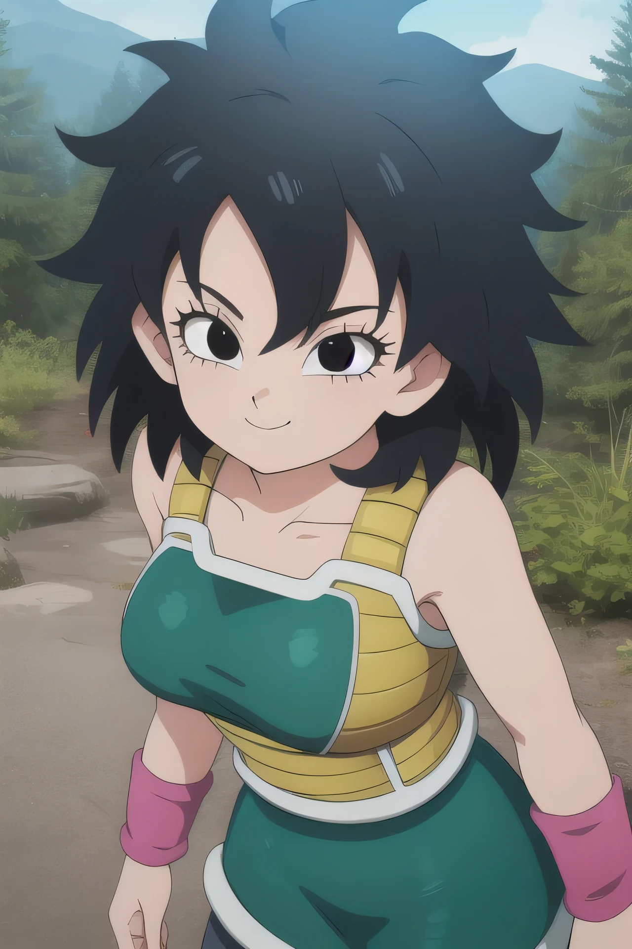 gine,1girl,solo,short hair,black hair,black eyes,spiked hair,messy hair,medium hair,bangs,
bare shoulders,armor,bare arms,wristband,saiyan armor,skirt,pantyhose,breastplate,
smile,closed mouth,
forest,outdoor,
(insanely detailed, beautiful detailed face, masterpiece, best quality) cinematic lighting, cowboy shot 