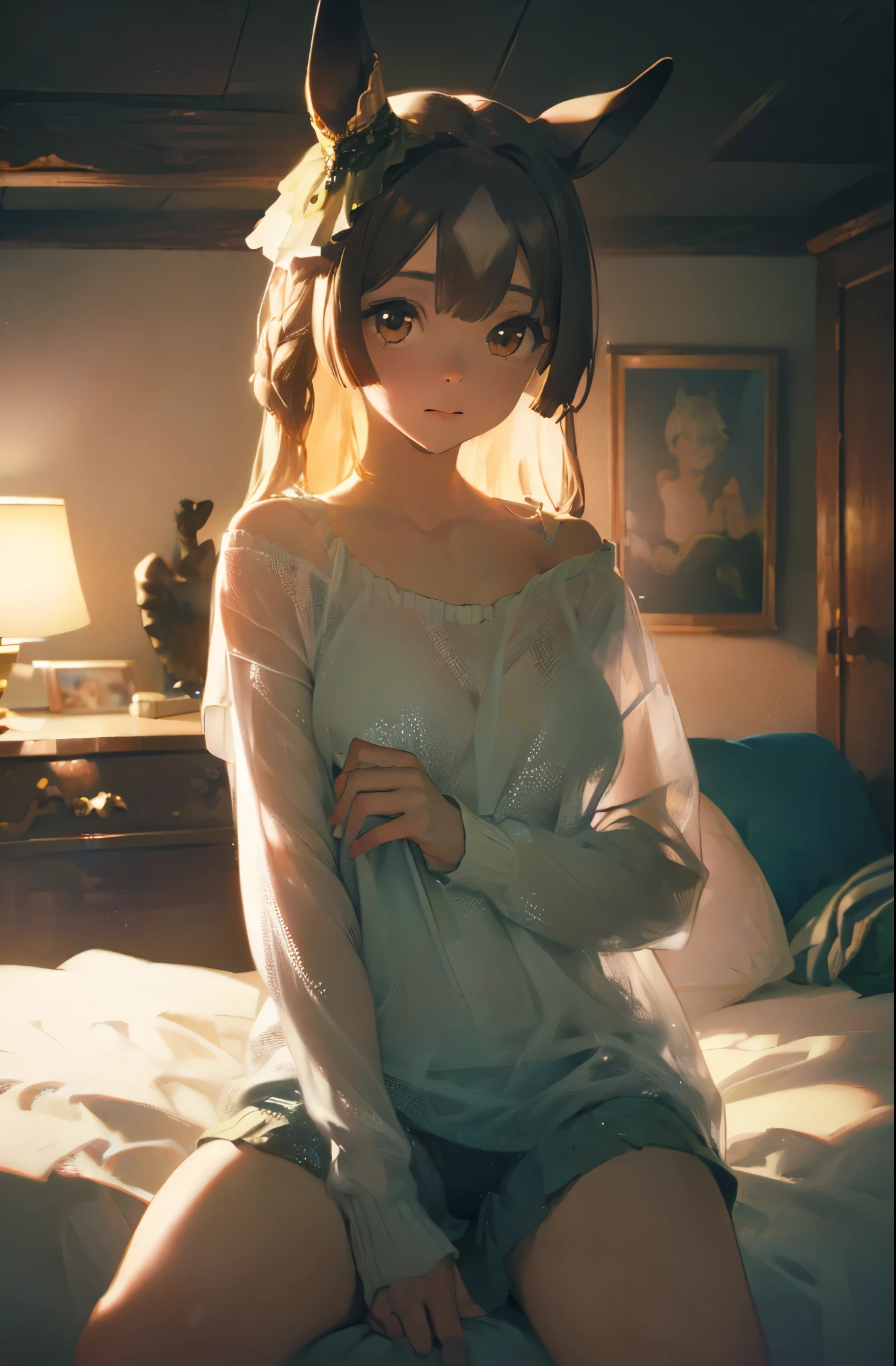 satono diamond,umamusume、The whole body is visible,A  girl wearing only a white pajama top and no panties,Nipples are visible,((Small breasts)),Sitting on the bed,(highest quality、4k、8k、High Resolution、masterpiece:1.2)、Super detailed、(Photorealistic:1.37)、Portrait、Sharp Focus、feminine、delicate、White skin、Subtle curves、Gentle expression、Soft lighting、Bright colors、Artistic atmosphere,