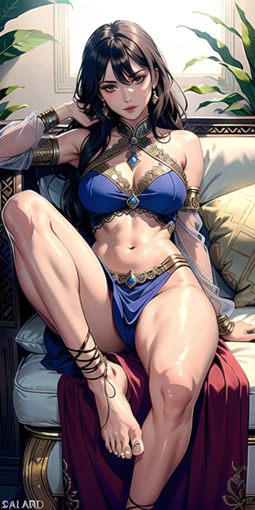 Photorealistic, raw photo, hyper detailed, detailed background, studio lights, chromatic freak, best shadows, solo, 1 woman, an arabian princess, brown skin, brown eyes, wearing sexy Royal BLUE clothing, Medieval Arabia, shoulders showing, navel showing, lace, makeup, small tight breasts, flowers, plants, shiny skin, realistic skin texture, HDR, 8K, sharp focus, cinematic, on a couch, intimidating, low angle shot, showing her perfect feet, (((feet fetish))),