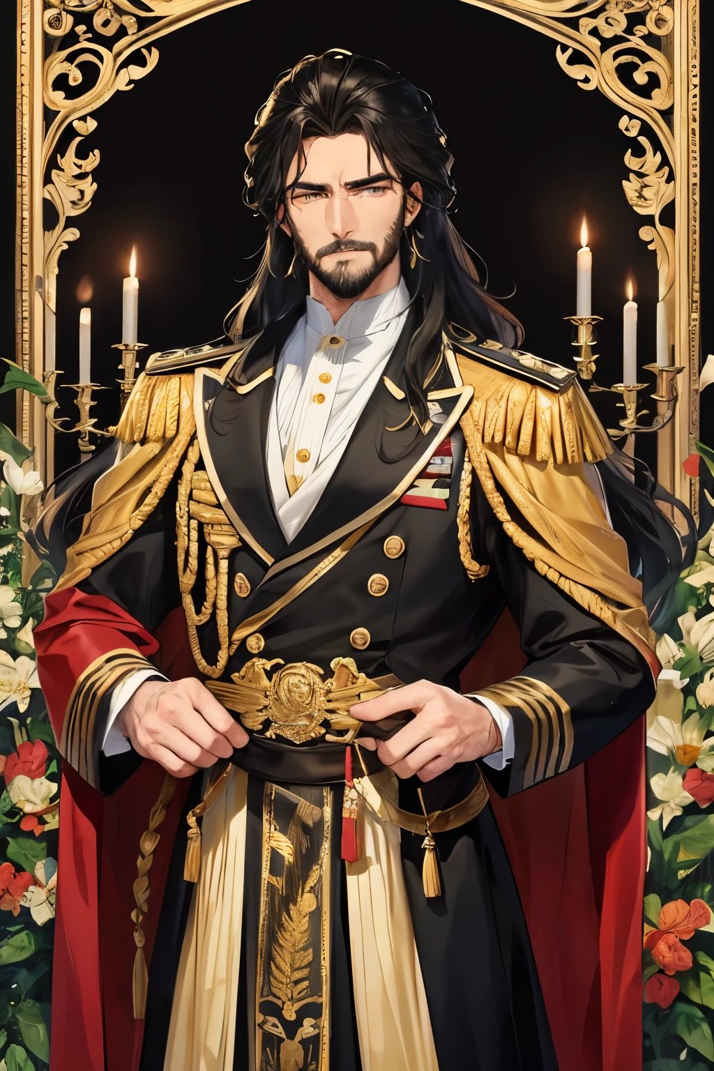 A muscular male figure with a black beard and long, flowing hair exudes an aura of power and gentleness as he dons a royal uniform. His well-defined muscles rip pleasantly under the tight fabric, showcasing his stature and strength. The uniform, adorned with intricate gold embroidery and ancient symbols, complements his regal presence. The black beard frames his strong jawline, adored by many for its rugged charm. His long, wavy hair cascades down to his broad shoulders, adding to his imposing yet soothing demeanor. His piercing eyes, softened by the warmth of his gentle disposition, reflect the wisdom and experience that comes