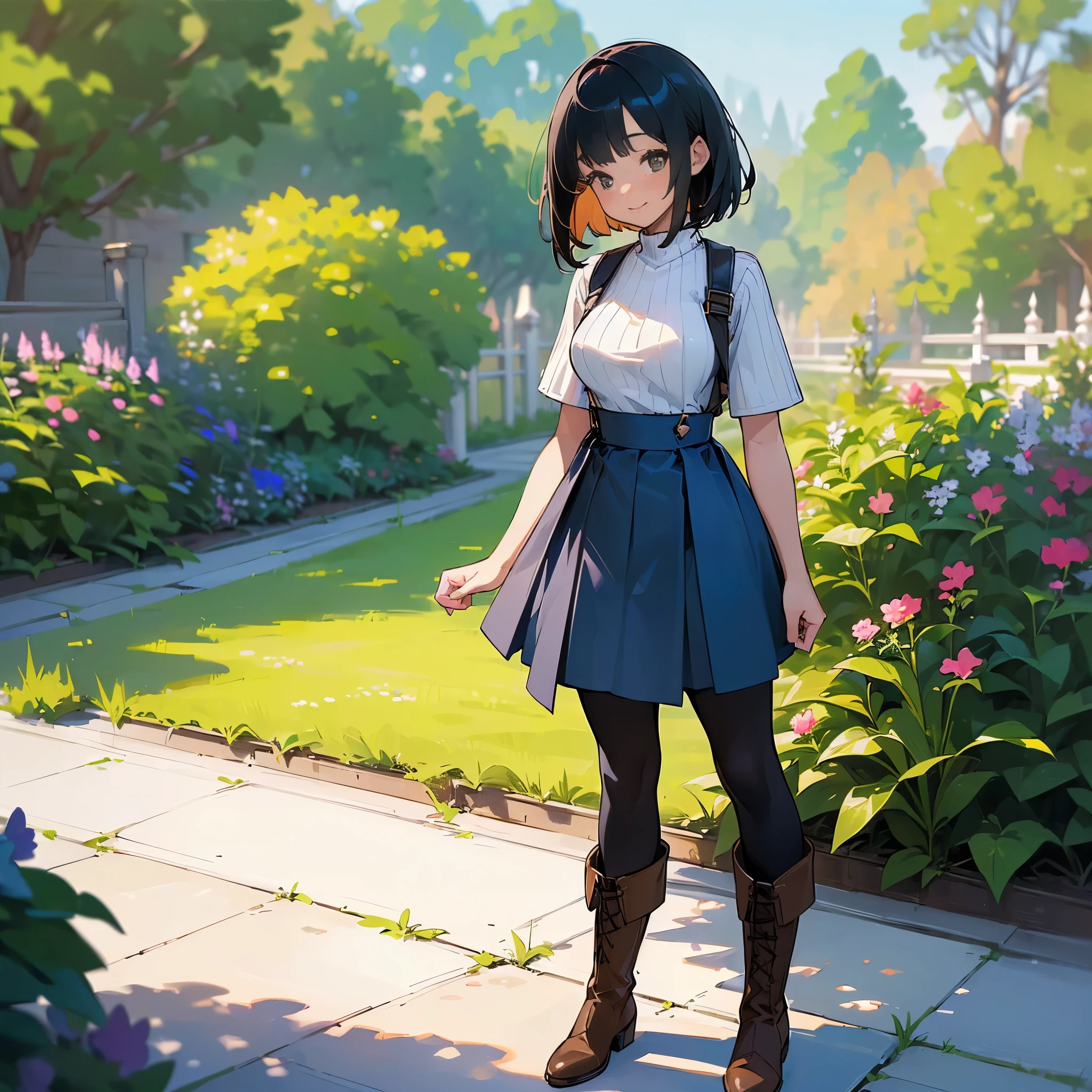 (high quality, High resolution, Very detailed, reality:1.37), Peaceful atmosphere, (Outdoor, garden),  girl standing alone, (my breasts are big.), Beautiful detail features, Cute Smile, (Black bob hair), Short sleeve ribbed sweater, Blue Skirt, black tights, Brown boots.