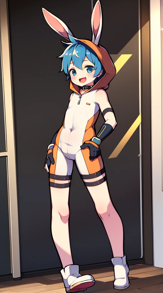 Shota,One-piece mountaineering suit,Slender figure,Goggles,fingerless gloves,stood up,Rabbit ears,Sailor collar,happy,Pull down the zipper,hood