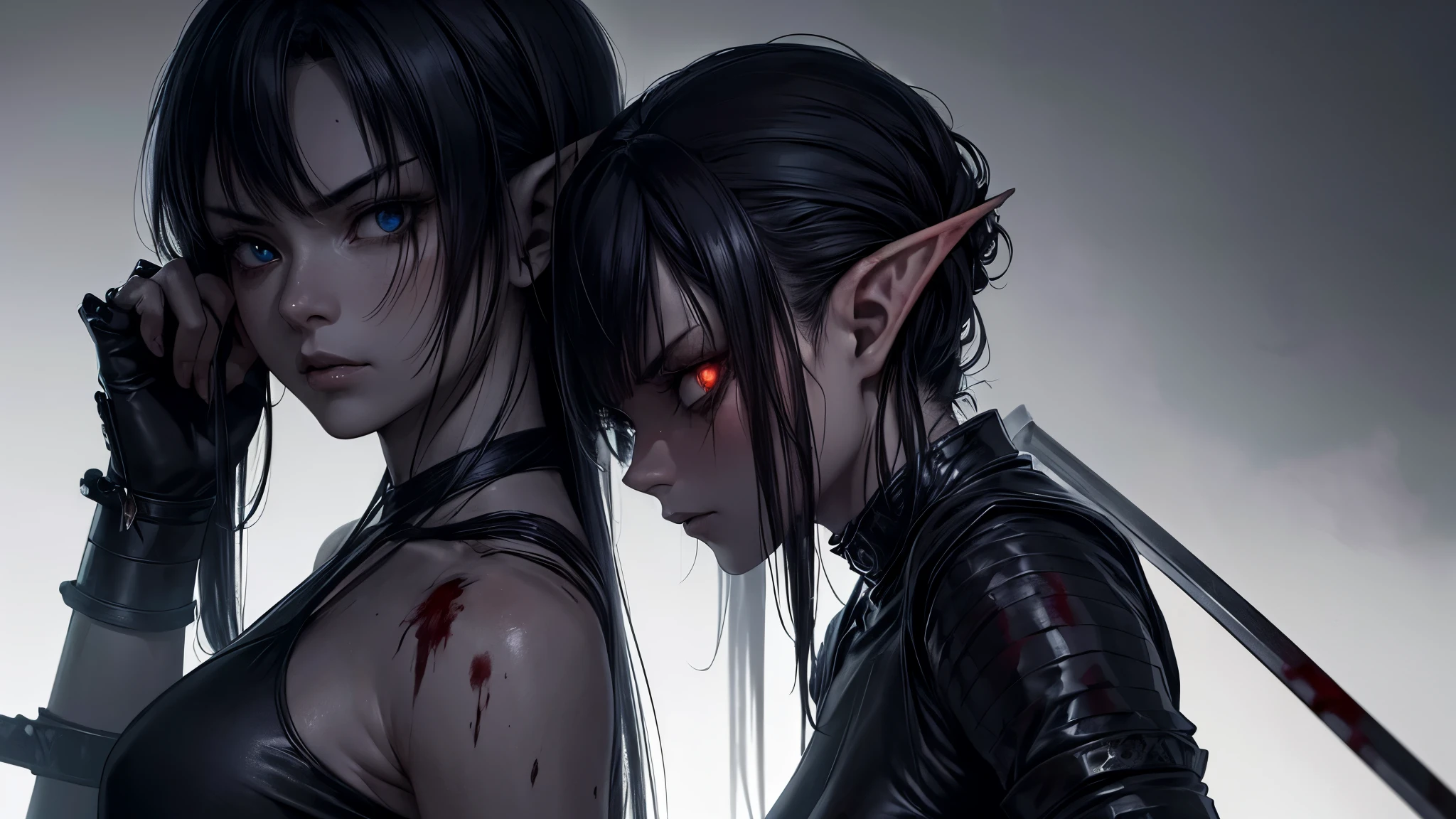 (best quality,ultra-detailed),A lifeless body inserted with two katanas,killer(sexy 19-year-old elf girl)leaning on the corpse dressed as a ninja,killer gaze(intensely furious eyes),dark mysterious background,smokey atmosphere,exquisite attention to blood details,sharp focus on the swords,deadly stance,studio lighting,vivid colors,bokeh,photorealistic,horror,sharp shadows,faint moonlight,cold-toned color palette,gritty and intense lighting effects