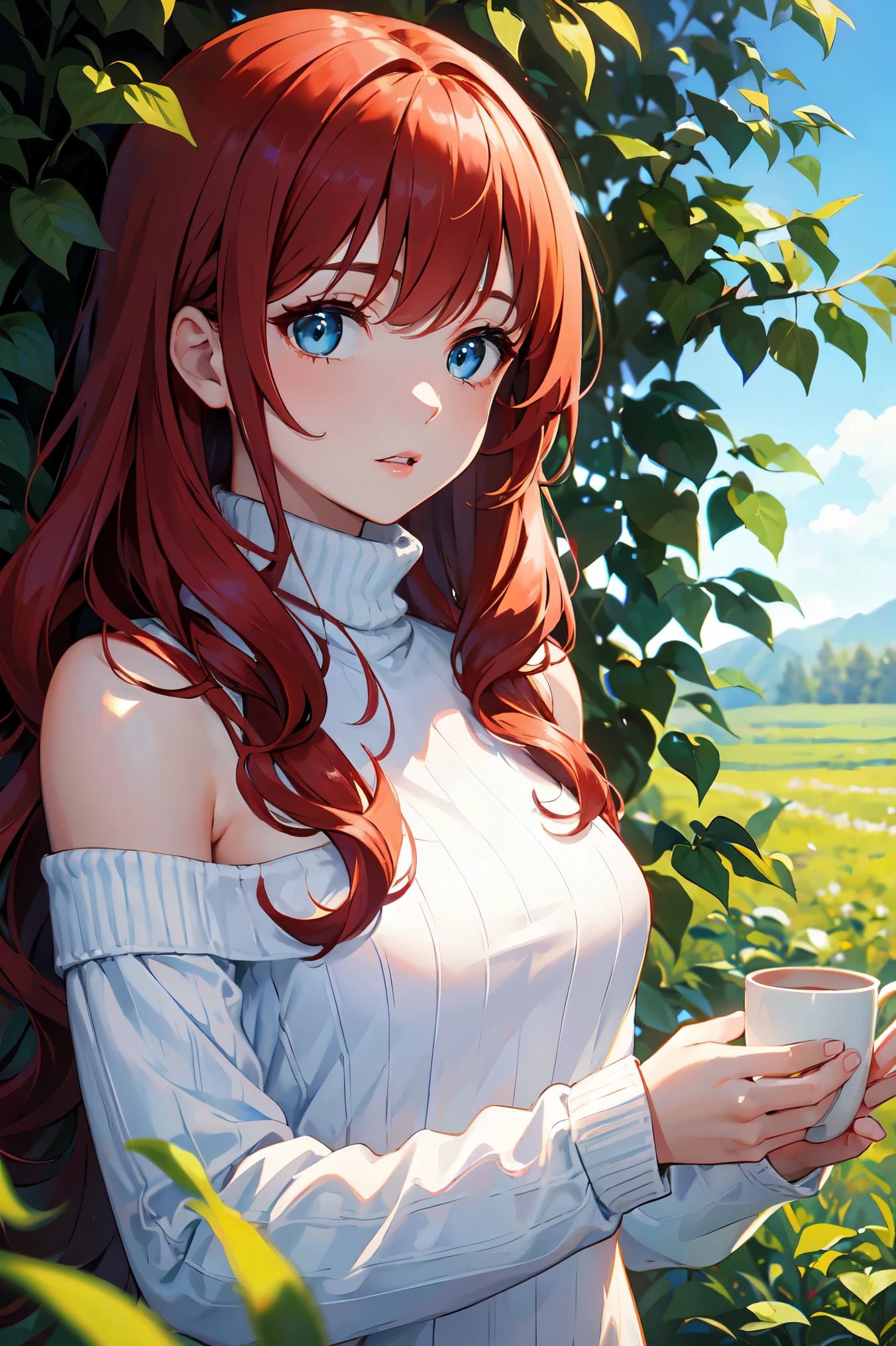 1 female、Red Hair、Long Hair、Curly Hair、blue eyes、Thick lips、White turtleneck knit dress、Off the shoulder、slim、valley、Small breasts、Fresh greenery、Green leaves、Tea plantation、sunlight、masterpiece、Ultra-high resolution、Perfect lighting、16k