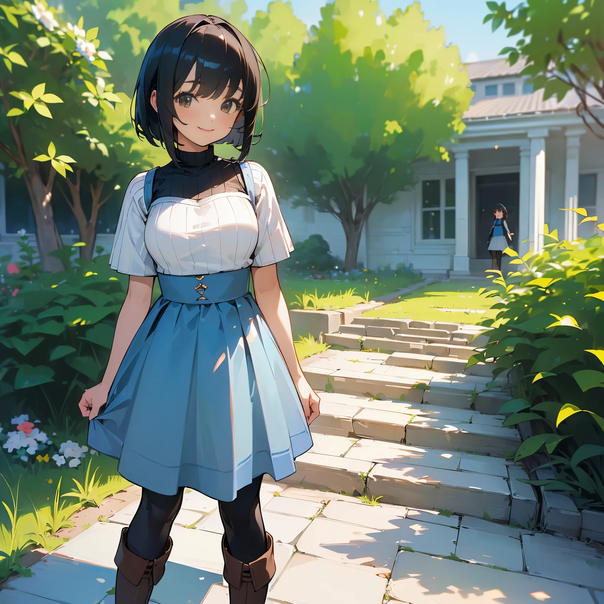 (high quality, High resolution, Very detailed, reality:1.37), Peaceful atmosphere, (Outdoor, garden), teenage girl standing alone, (my breasts are big.), Beautiful detail features, Cute Smile, (Black bob hair), Short sleeve ribbed sweater, Blue Skirt, black tights, Brown boots.