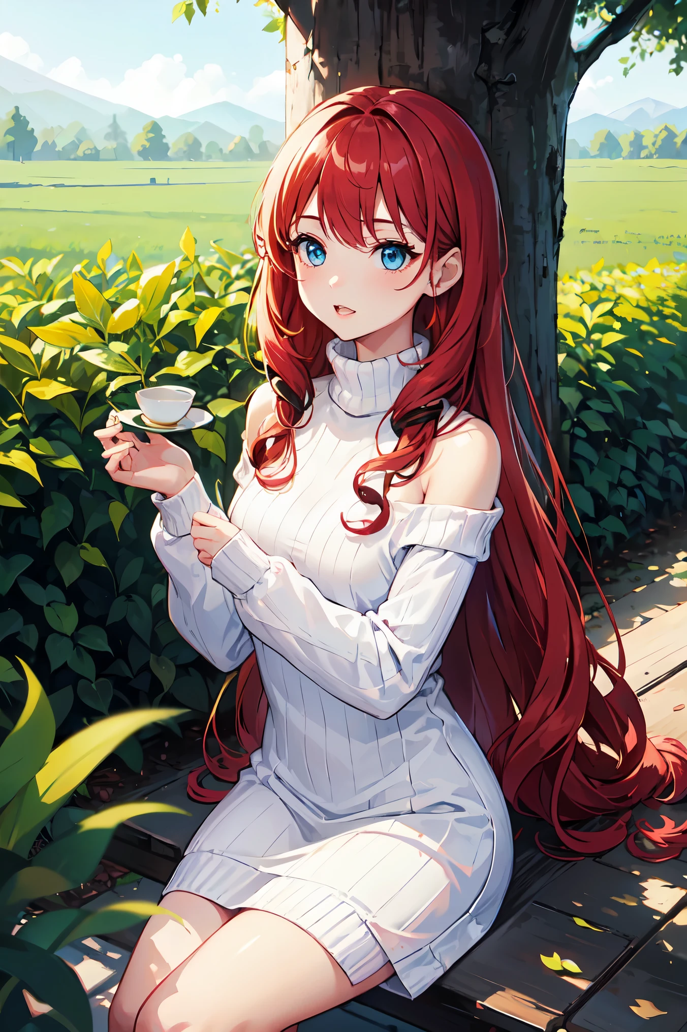 1 female、Red Hair、Long Hair、Curly Hair、blue eyes、Thick lips、White turtleneck knit dress、Off the shoulder、slim、valley、Small breasts、Fresh greenery、Green leaves、Tea plantation、sunlight、masterpiece、Ultra-high resolution、Perfect lighting、16k