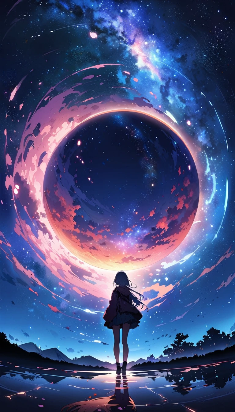 ((Best Quality)), ((Masterpiece)), ((Ultra Wide Angle)),night,Women、,standing on the salt lake,The water surface is like a mirror,Reflecting the sky。Look at the sky,The Milky Way is in the sky,cherry blossoms,cherry blossoms並木,ピンクのcherry blossoms,Close-up of face