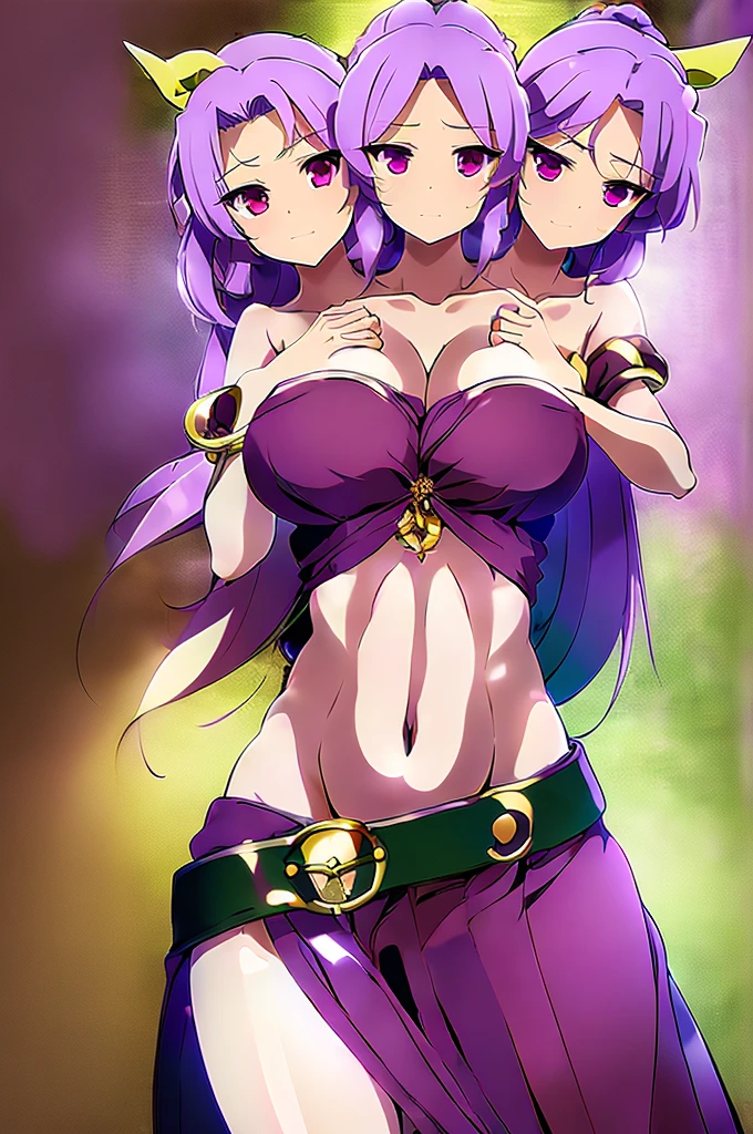 (masterpiece, best quality), best quality, (ultra-detailed), (3heads:1.5), 1girl, (watatsuki no yorihime:1.3), masterpiece, best quality, ultra quality, ultra resolution, ultra detail, dark red top, small crop top, ((stomach)), midriff, ((groin)), open midriff, dark red skirt, miniskirt, normal ears, shackles, light purple hair, tied into a ponytail, very long hair, wavy hair, sidelocks, purple eyes, parted lips, sweat, cute, open belly, toned belly, hand on own chest, eyelashes, (24 year old woman:1.3), (masterpiece:1.5), (best quality:1.5), (beautiful detailed), extremely detailed CG, extremely delicate and beautiful, depth of field, (finely detailed face), (perfect details:1.2), (mature female:1.3), wide pelvis, slender, large veiny breast, 16k resolution, highres, very high quality, very high definition, extremely detailed, masterpiece, light purple hair, long hair, alluring presence, braid, short skirt, close up, big , young, white bonnet, red bow, open belly, midriff, nsfw,