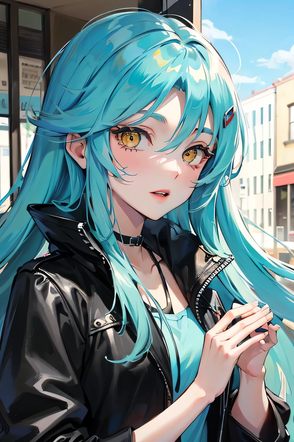 Best quality, masterpiece, rimuru tempest, tensura, Yellow eyes,long hair Aqua, black jacket, street, field
