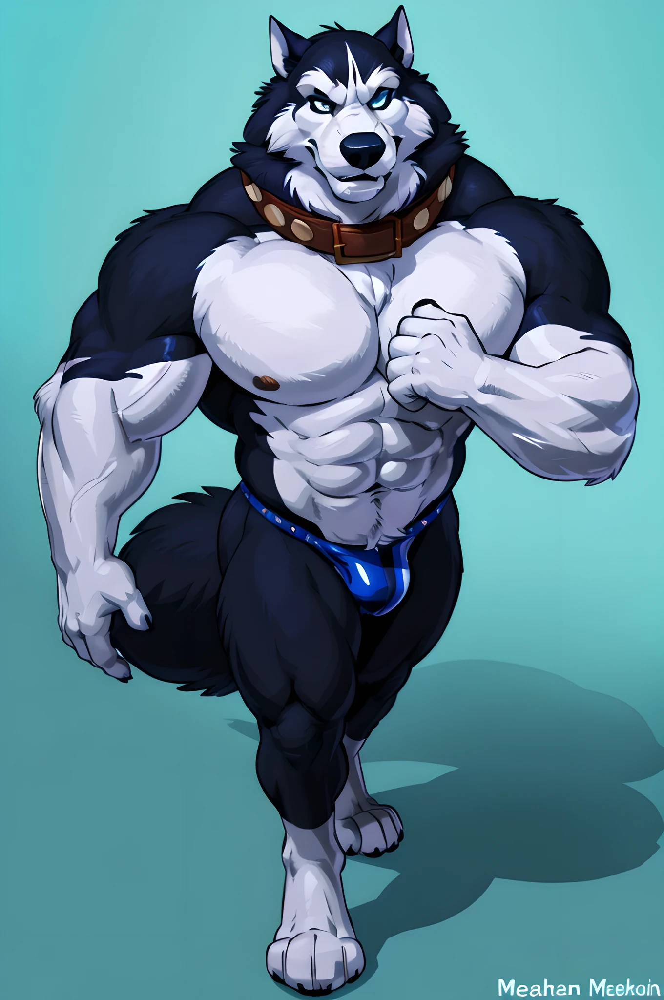 Steele_\(Balto\), 4k, high resolution, best quality, detailed, posted on e621, solo, anthro body, older male, masculine, male, very masculine, (very muscular, defined muscles, heavyweight, muscular arms, muscular legs):1.2, (plain background:1.1), correct anatomy), (blue eyes, detailed eyes:1.1), sexy, (cel shaded, cartoony shading, strong shadows, dramatic lighting):1.3, confident, (by wfa, by takemoto arashi, by meesh, by Taran Fiddler), strong, big collar, detailed collar, black thong, shiny thong, big tail, black fur, white fur, high-angle shot, shadow on floor