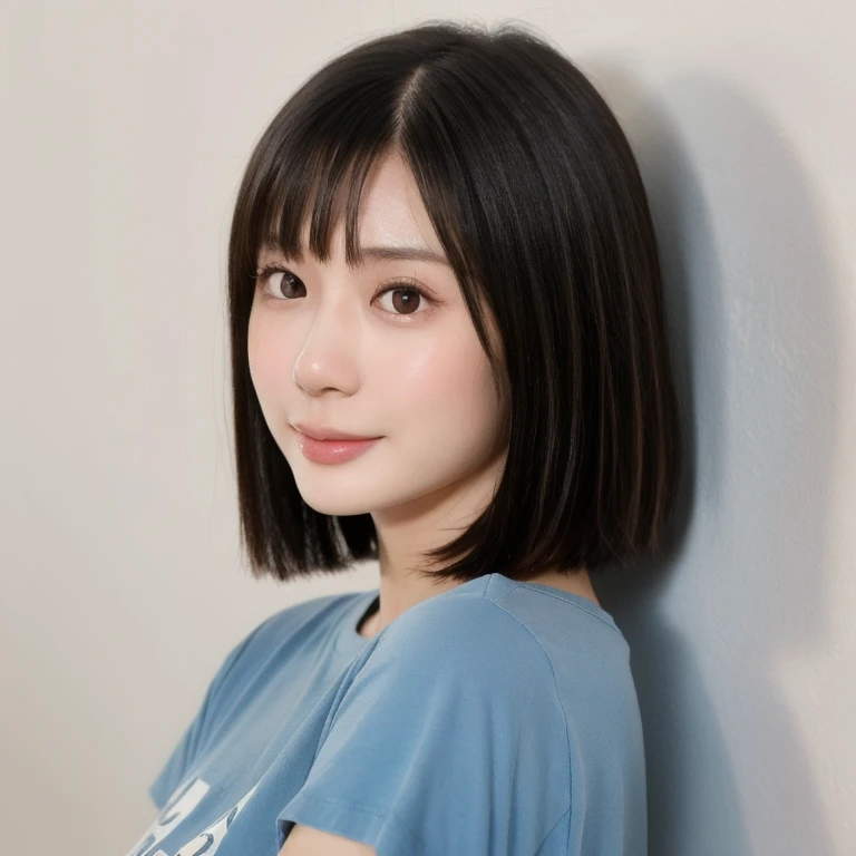 (kawaii 24 year-old Japanese girl, Nogizaka idol, Korean idol), (glossy black hair, messy very short hair, messy pixie cut, symmetric hair length, even length hair edges:1.3), (bangs), (extra rounded face, black eyes, single eyelid, no makeup, soft smiling:1.2), (wearing light blue t-shirt:1.3), (flat chest, extra small breasts:0.8), (looking at viewer:1.2), BREAK, (simple white wall on back:1.3), (dynamic angle, portrait:1.3), BREAK, (masterpiece, best quality, photo realistic, official art:1.4), (UHD, 8K quality wallpaper, high resolution, raw photo, golden ratio:1.2), (shiny skin), professional lighting, physically based rendering, award winning, (perfect anatomy, highly detailed skin, extremely detailed face and eyes), Carl Zeiss 300 mm F/2.8, depth of field, 1girl, solo,