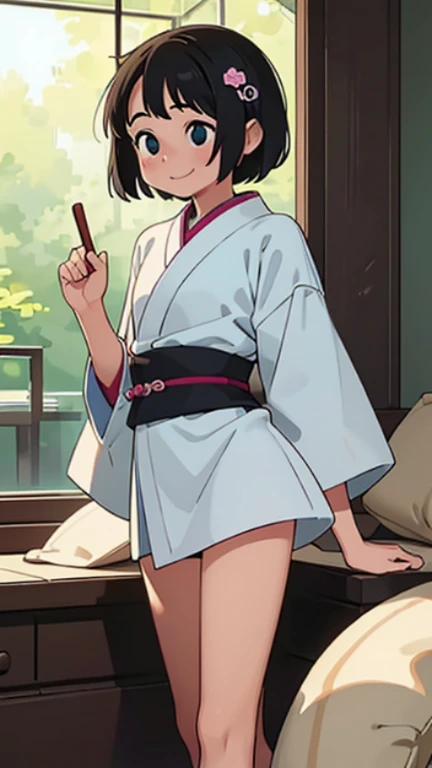 (Perfect body),Best Quality, K、(Lori)、(Kimono)、(shrine maiden)、sleeve less、(a miniskirt)、White panty、(((blush)))、:o、Eyes closed、I have my mouth wide open、Wavy mouth、Tsuriformes、Blunt bangs、(short-hair)、(((bob cuts)))、(Red Eyes),((Black hair)),(Sweat)、((red scarf))、((Big ass))、flat chest、(((thick thighs)))、Armpits、(‎Classroom)、sitting down on the floor