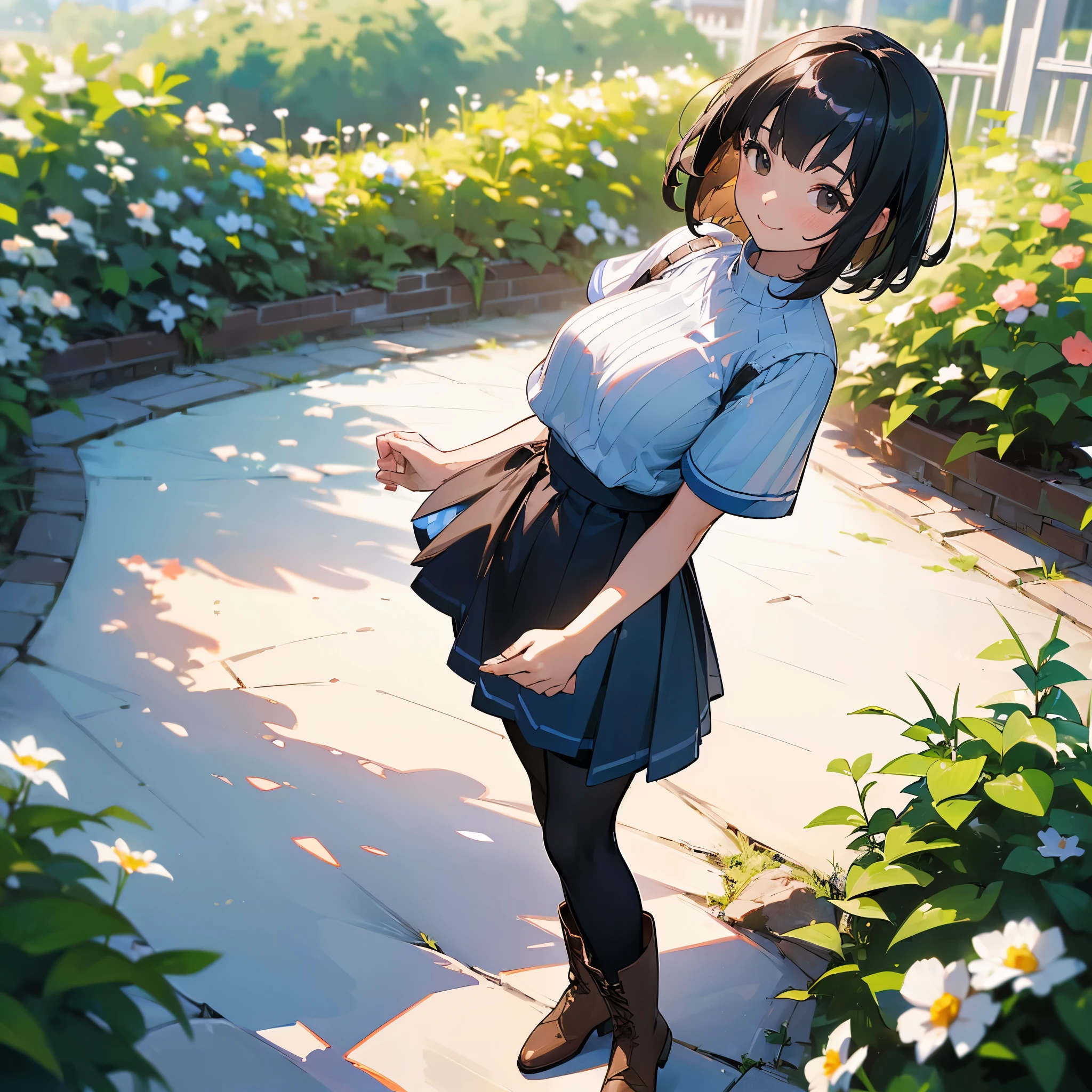 (high quality, High resolution, Very detailed, reality:1.37), Peaceful atmosphere, (Outdoor, garden), teenage girl standing alone, (my breasts are big.), Beautiful detail features, Cute Smile, (Black bob hair), Short sleeve ribbed sweater, Blue Skirt, black tights, Brown boots.