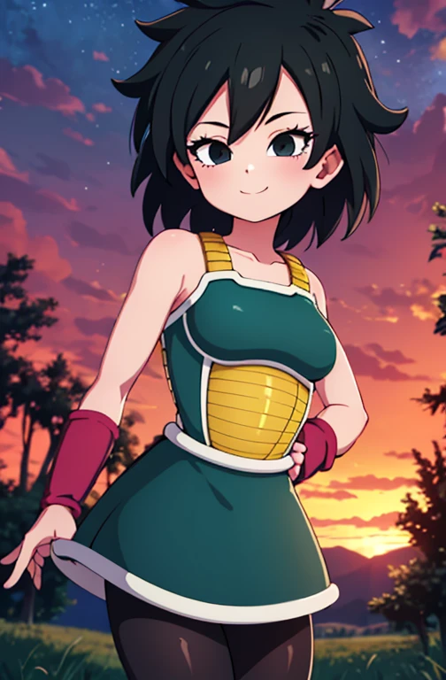 masterpiece, best quality, gine, saiyan armor, collarbone, green skirt, wristband, black pantyhose, upper body, smile, looking at viewer, field, trees, sunset sky, 1 girl, solo, cowboy shot