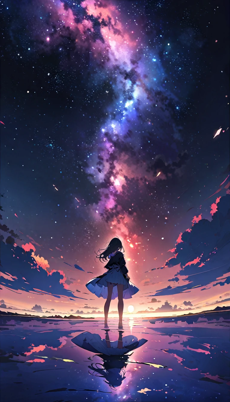 （（Best Quality））， （（Masterpiece））， （（Ultra Wide Angle）），night,Women、，standing on the salt lake，The water surface is like a mirror，Reflecting the sky。Look at the sky，The Milky Way is in the sky,cherry blossoms,cherry blossoms並木,ピンクのcherry blossoms,Close-up of face