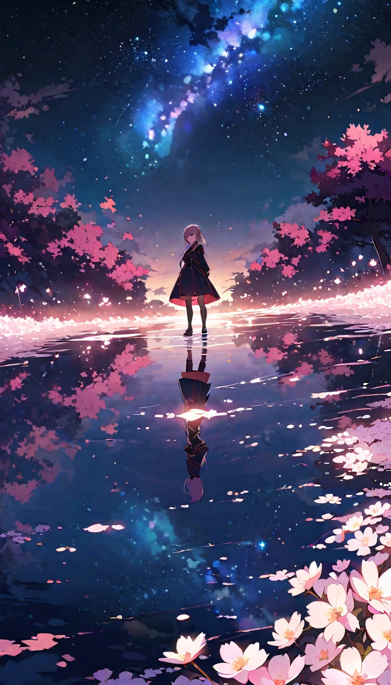 ((Best Quality)), ((Masterpiece)), ((Ultra Wide Angle)),night,Women、,standing on the salt lake,The water surface is like a mirror,Reflecting the sky。Look at the sky,The Milky Way is in the sky,cherry blossoms,cherry blossoms並木,ピンクのcherry blossoms,Close-up of face