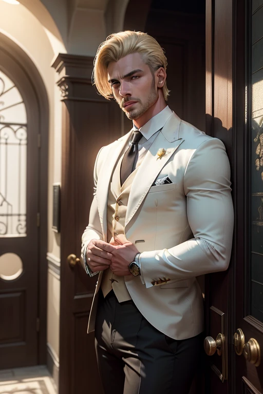 tiro completo,(symmetry),Centrado,a real man brutal blonde athletic build, with the backdrop of a medieval castle and a Ferrari car in front of the front door,un hombre blanco muy delgado con pelo corto,wearing a classic three-piece suit,35mm,primero naturales,detalle de ropa, Textura 8K, 8k, detalles locos, detalles intrincados, hiperdetalhadomuy detallado,realista,soft cinematic light,hdr,sharp focus, ((((cinematic look)))),intrincado, elegante, muy detallado,Estilo Jerry Gionis ,hiperfotorrealismo