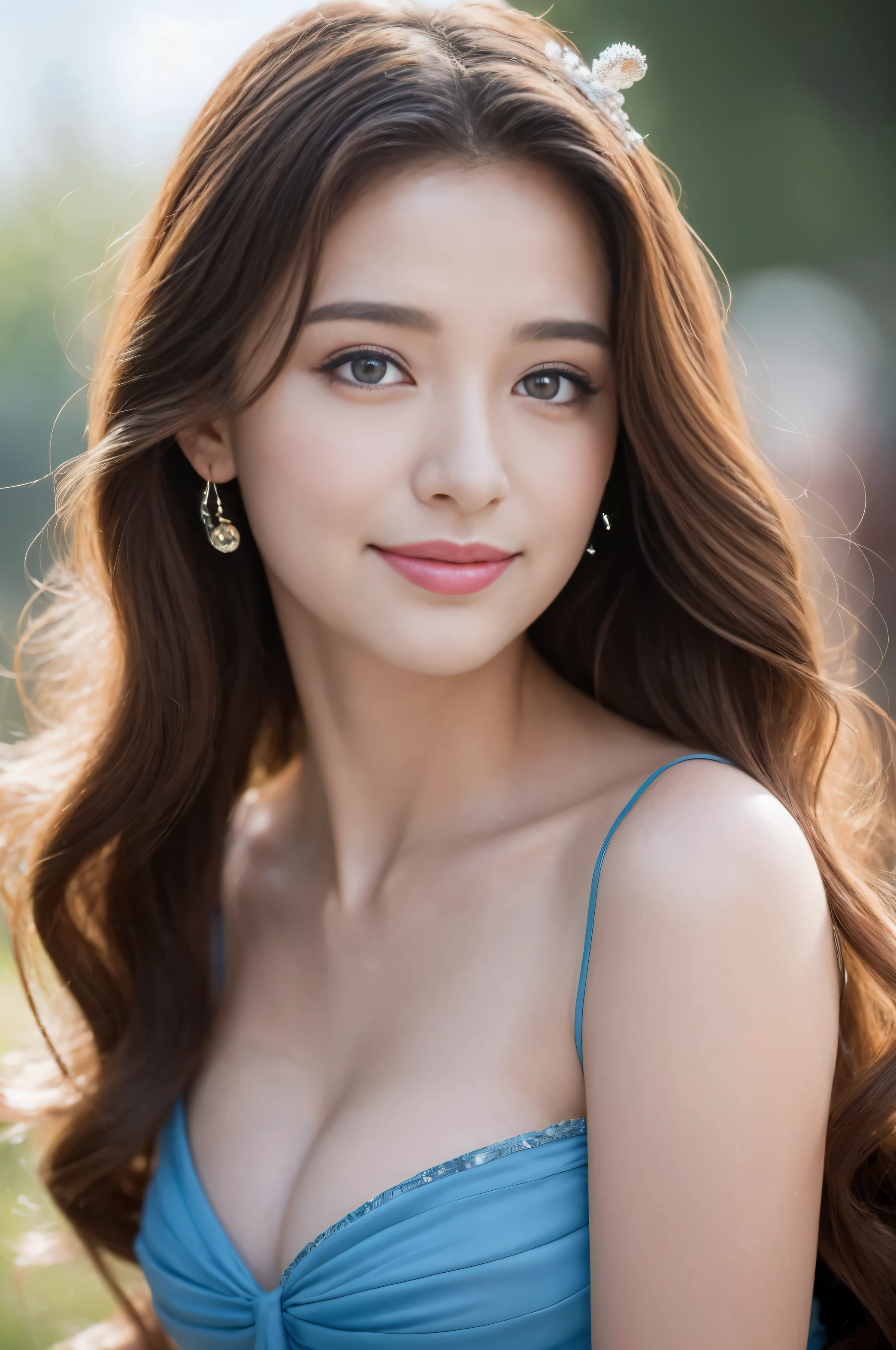 ((highest quality, 8k, masterpiece: 1.3)), 1 girl, The beauty of slim abs: 1.3, (Big Breasts: 1.2), There is a woman in a dress sitting on the bed, Ethereal fairytale, photo shoot, beautiful and elegant woman、beauty, Fantasy、And dreamy, beautiful、Queen, ((beautiful Fantasy Queen)), Fantasy, a stunning young Ethereal figure, Ethereal!!!!!!!, beautiful大人の妖精の女王, dreamy and Ethereal, Attention to detail, Best image quality, Surreal, lipstick, unparalleled beauty, Long Hair Curly Hair, Exquisite and perfect facial features, Blushing, Cleavage, Sexy Body, Great people, perfect body beauty, whole body, stylish, Narrow waist, Highly detailed faceと肌の構造, Harmonious facial details, Fair skin, Highly detailed face, Delicate eyes, smile, Big eyes, blue eyeball, Sparkling eyes, soulful eyes, Cute eyes, double eyelid, Get closer to your audience, camera angle, Dynamic Angle