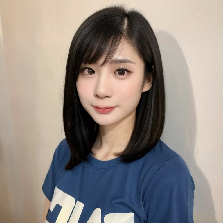 (kawaii 24 year-old Japanese girl, Nogizaka idol, Korean idol), (glossy black hair, messy very short hair, messy pixie cut, symmetric hair length, even length hair edges:1.3), (bangs), (extra rounded face, black eyes, single eyelid, no makeup, soft smiling:1.2), (wearing light blue t-shirt:1.3), (flat chest, extra small breasts:0.8), (looking at viewer:1.2), BREAK, (simple white wall on back:1.3), (dynamic angle, portrait:1.3), BREAK, (masterpiece, best quality, photo realistic, official art:1.4), (UHD, 8K quality wallpaper, high resolution, raw photo, golden ratio:1.2), (shiny skin), professional lighting, physically based rendering, award winning, (perfect anatomy, highly detailed skin, extremely detailed face and eyes), Carl Zeiss 300 mm F/2.8, depth of field, 1girl, solo,