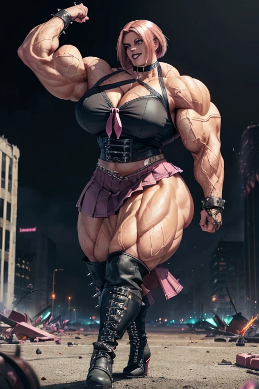 ((((Massive, tall, beautiful, buff, light brown skinned muscular woman with shocking pink hair, black lipstick, ginormous bulky muscles, wearing a black gothic blouse with pleated skirt and tie)))), close view, (black lipstick), massive muscle, massive biceps, hyper muscle shoulders, (ginormous muscle arms), hyper muscle triceps, (angled bob hair), red eyes, choker, (chain belt), black boots, (spiked gauntlets), (fingerless gloves), (in a destroyed chaotic city), evil smile, night, hyper vascular arm, hyper muscles arms, hyper muscle legs, (ginormous arms).