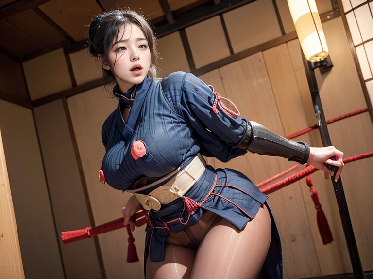 ((Woman wearing Japanese kendo armor:1.5))、Legs open to the audience，Raise arms behind head、(Perfect body proportions，Red cheeks，Huge breasts，Slim waistline，Plump buttocks，Firm thighs:1.4)、Sagging lower back、Sweating、wet hair、Covered with water、Top quality、masterpiece、Photogenic、Front focus:1.0、Depth of Field,Bokeh、Midsummer Stadium、In the house、超Practical，Reality，Practical，sweating a lot,full body sweat ribbon，Bright brown hair，8K original image，High resolution， Guy with cool expression,，Beautiful eyes in every detail，Long eyelashes，Beautiful double eyelids，Narrow your eyes，Painful expression，(open mouth，Saliva at the corners of the mouth，pant，Breathe through your mouth)，Provocative eyes