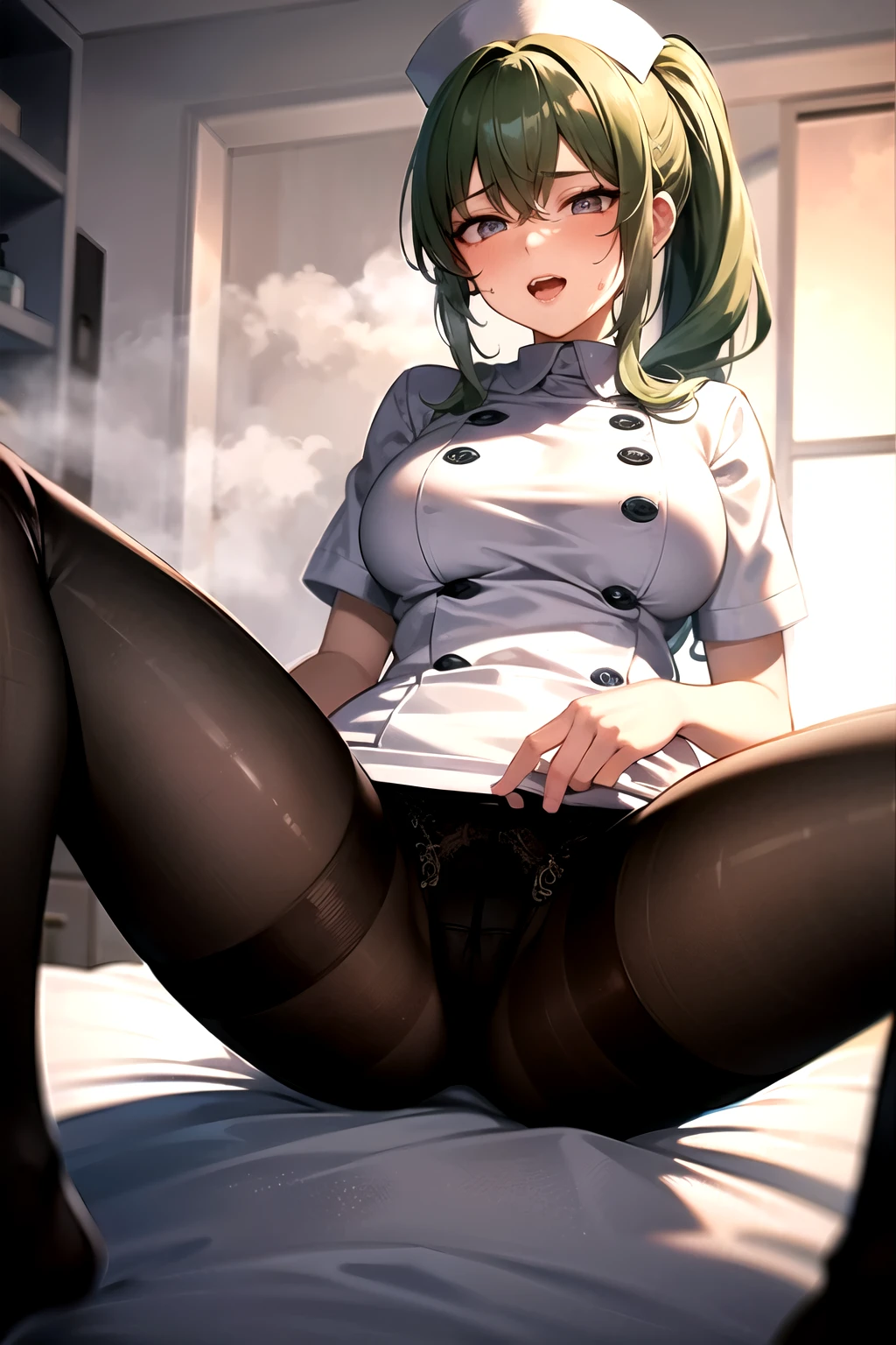 {best quality}, {very aesthetic}, {ultra-detailed}, {best illustration}, woman,{{green hair}},{{long ponytail}},{pink eye},pov,((orgasm face)),(steam),1woman,(lace panties),((under black pantyhose)),(white nurse),from below
