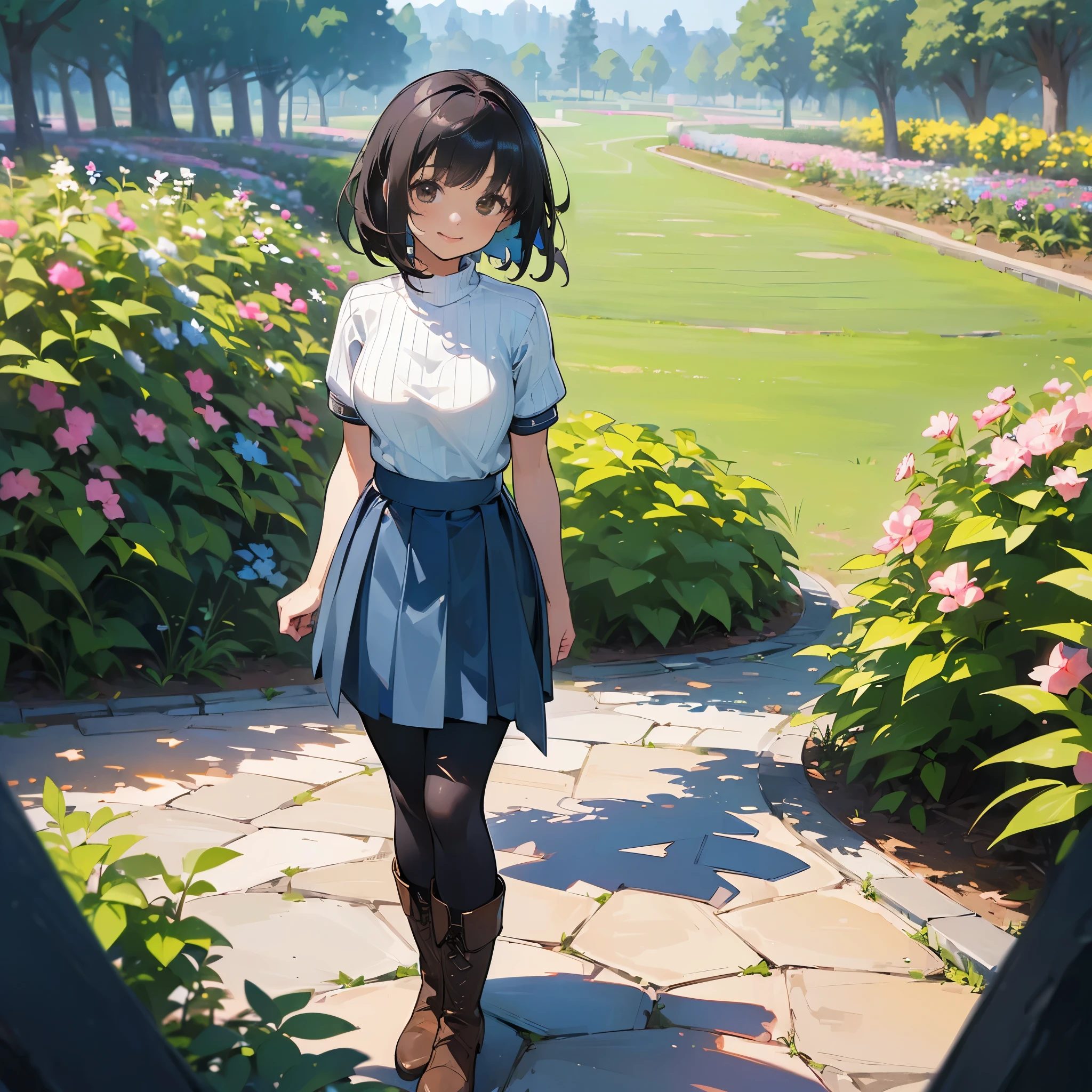 (high quality, High resolution, Super detailed, reality:1.37), peaceful atmosphere, (outdoor, garden), teenage girl standing alone, (my breasts are big.), Beautiful detail features, cute smile, (black bob hair), short sleeve ribbed sweater, blue skirt, black tights, brown boots.