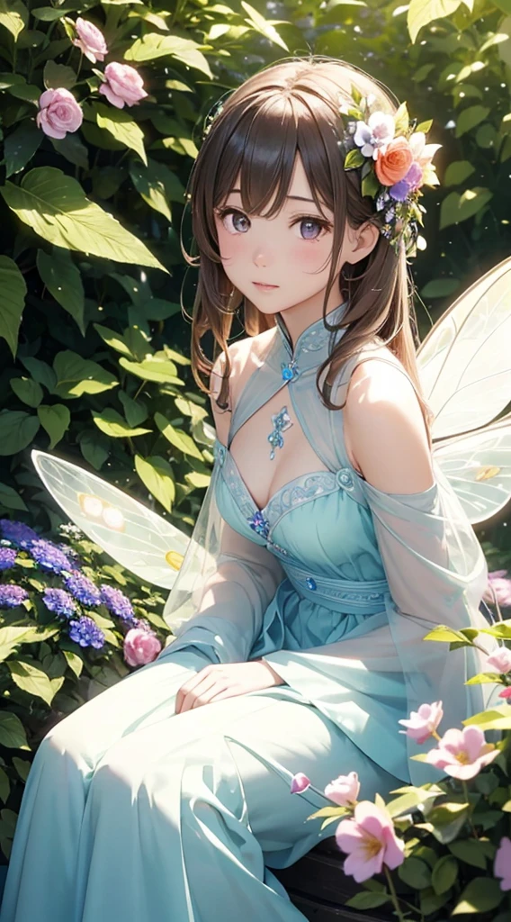goblin, masterpiece, highest quality, (((masterpiece))), (((first-class))), ((very thin)), (shape), ((very delicate) beautiful)), Smile strangely, (Hugging her knees), bangs, Height approx. 16cm, full body image, unrealistically beautiful shape, ((See-through)), ((white lace body conscious dress)), ((nipples and pubic hair visible) ), young shape, About , slender body, (fly in the sky), (goblinの羽: 1.4), (detailed and beautiful green eyes), (detailed light), (1 girl), medium bust, medium long hair, glowing green eyes, dark brown hair, nature, (sunlight), (painting), (sketch), pastel colour, complete anatomy, beautiful face with great detail