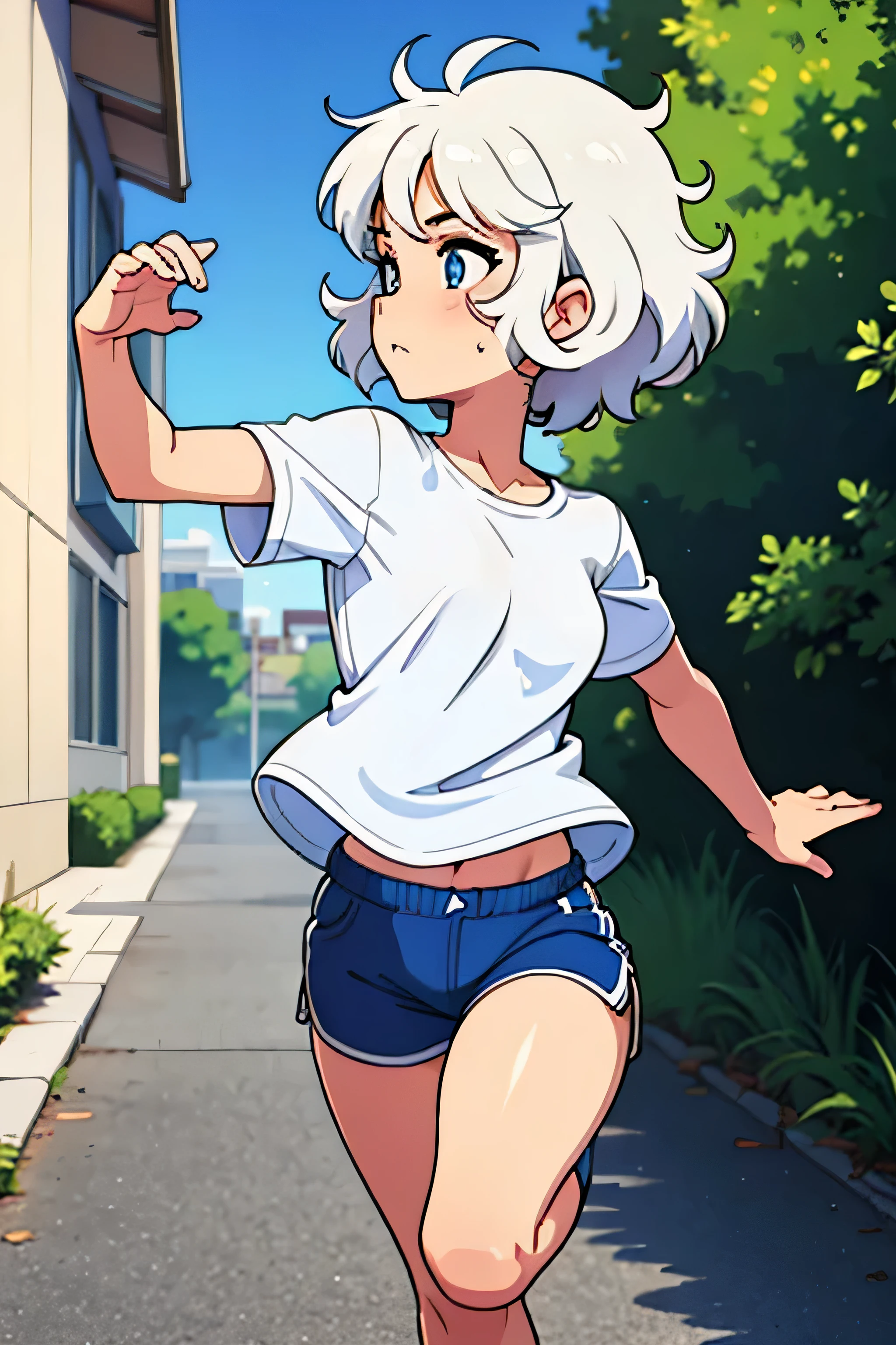 one girl short curly hair white t shirt blue shorts running away side profile full body