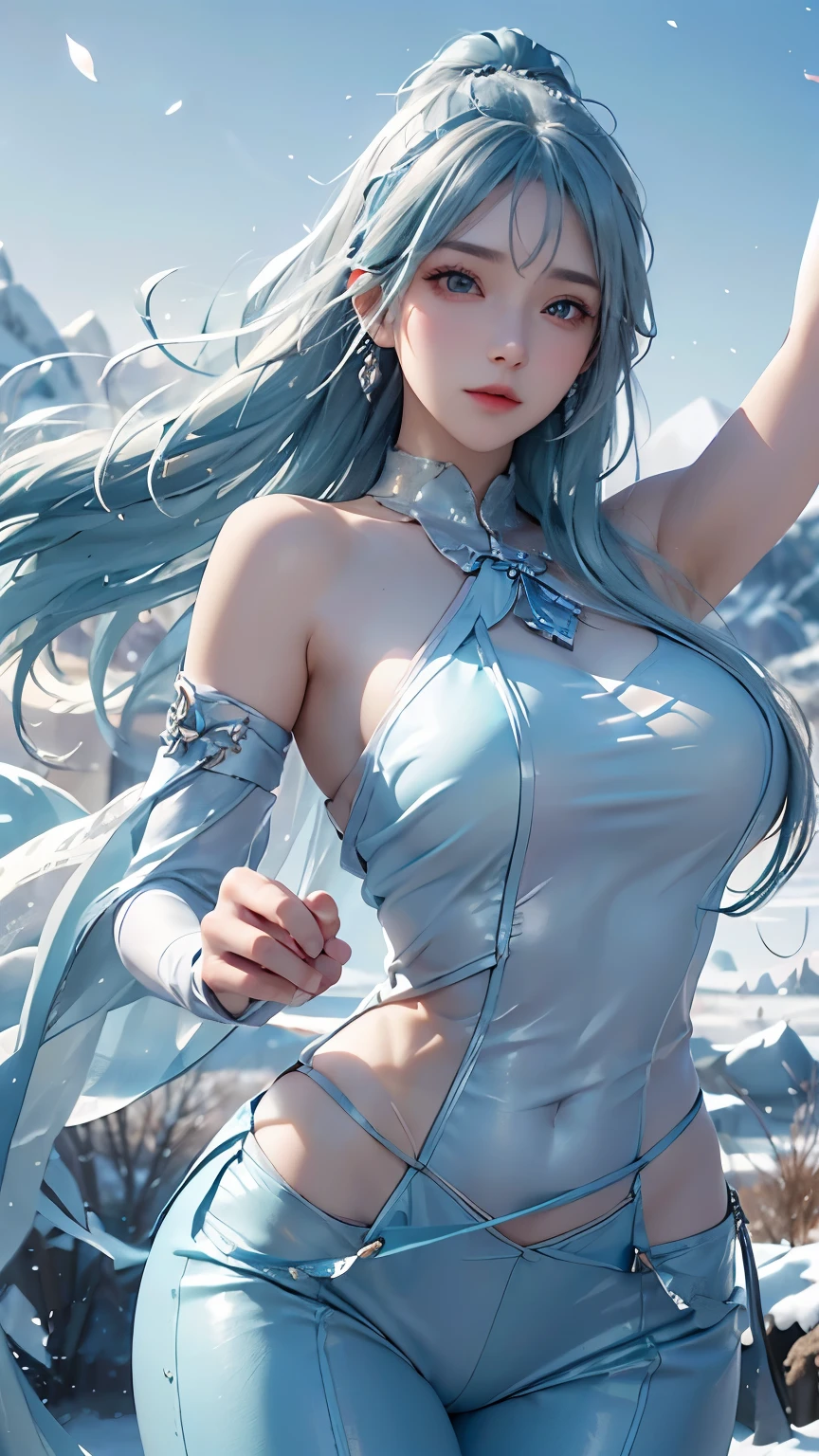 (logo、masterpiece、8k、Tabletop、RAW Photos、wonderful、最high quality、フォトリアルでVery detailedなCG統合8k壁紙、high quality、Very detailed、Narrative poem、Particle Effects、Dynamic Effects、Depth of text、Cinematic Light、Lens flare、Ray Tracing）、Fantasy、（1 beauty、Light blue hair、Beautiful Face、Real Face、Detailed eyes、Beautiful Skin、woman dancing gracefully:1.7、woman dancing gracefully:1.7)、Windになびく髪、髪弾む髪がWindに舞う、Hair Jump、Light blue halter top、Light blue leather pants suit、Light blue leather jacket、Silver Earrings、night、Wind、darkness、雪とhoarfrost、Frozen Winter Day、snow-capped mountains and forests、hoarfrost、Snow-capped mountain々、The beauty and brilliance of frost-covered trees、Silent and beautiful grasslands in a world of ice and snow、vast land、Lakeside、wonderful景色、美しい自然のWindの景色、night空、Wind、cherry blossoms、cherry blossomsの花びらが舞っている、cherry blossoms吹雪、Falling petals