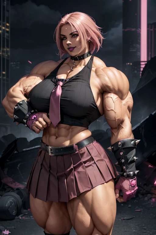 ((((Massive, tall, beautiful, buff, light brown skinned muscular woman with shocking pink hair, black lipstick, ginormous bulky muscles, wearing a black gothic blouse with pleated skirt and tie)))), close view, (black lipstick), massive muscle, massive biceps, hyper muscle shoulders, (ginormous muscle arms), hyper muscle triceps, (angled bob hair), red eyes, choker, (chain belt), black boots, (spiked gauntlets), (fingerless gloves), (in a destroyed chaotic city), evil smile, night, hyper vascular arm, hyper muscles arms, hyper muscle legs, (ginormous arms).