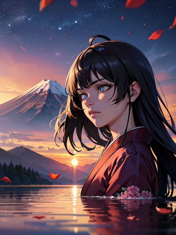 Best quality, Masterpiece, extremely the detailsed, the detailsed background, the detailsed eyes, Anime, 1girl, beautiful eyes, , Girl with long hair, Expressive face, the kimono, Retro, Scenery Mount Fuji, in the fresh air, sunset, beautiful sky, Lakeside picnic, منظر beautyي, natural landscape, Horizon, Mountain sitting near the mountain, winds, Flower petal, spring, Looking away, Atmospheric lighting, reflection, natural, the details, realism. relaxation, beauty, Just focus, close up, from side, Depth of field, sad