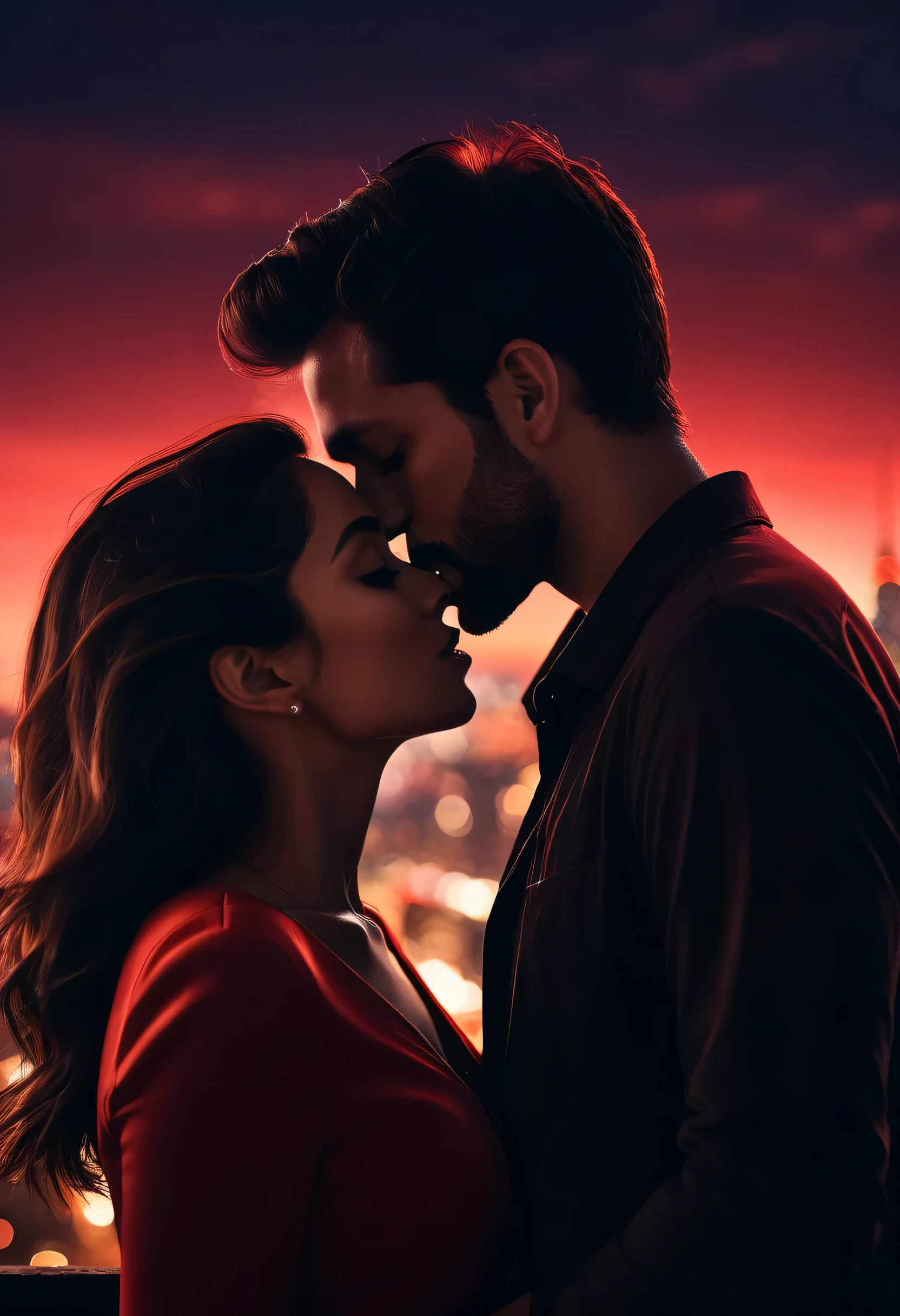 hyper realistic close-up image, dark silhouette of a couple kissing at night, red tones sky, on a great city, 8k resolution, cinematic lighting, raw photo, depht blur , greg rutkowsky style, raw photo