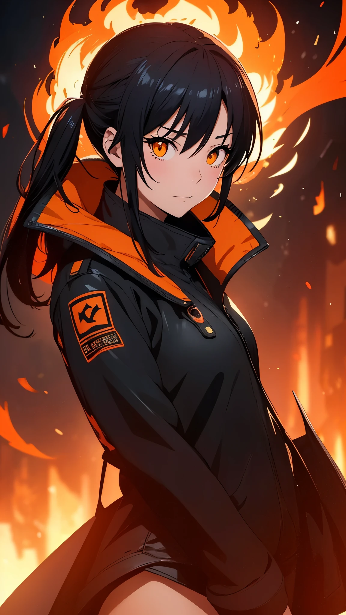 Tamaki Kotatsu from Fire Force, a beautiful girl in her late teens with a model-like appearance. She has a slim figure with long legs, exuding cat-like grace. She is dressed in a micro bikini and a black leather jacket. Her pose is seductive and sexy, adding an NSFW element to the image. Art Medium: Detailed illustration with a touch of realism and vivid colors. Additional details: She is surrounded by smoke or fire effects, emphasizing her connection to fire. Her hair is flowing and vibrant, with fiery highlights. The background showcases a dark and mysterious atmosphere, further enhancing her allure. She possesses detailed eyes and lips, capturing her captivating gaze and alluring smile. Image Quality: (best quality, 4k, 8k, high-res, masterpiece:1.2), ultra-detailed, (realistic, photorealistic, photo-realistic:1.37), HDR, UHD, studio lighting, ultra-fine painting, sharp focus, physically-based rendering, extreme detail description, professional, bokeh. Art Style: Portraits, anime style. Color Palette: Warm tones with fiery hues, emphasizing shades of red, orange, and yellow. Lighting: Soft, warm lighting that accentuates the details of her face and body, casting gentle shadows that add depth to the image.