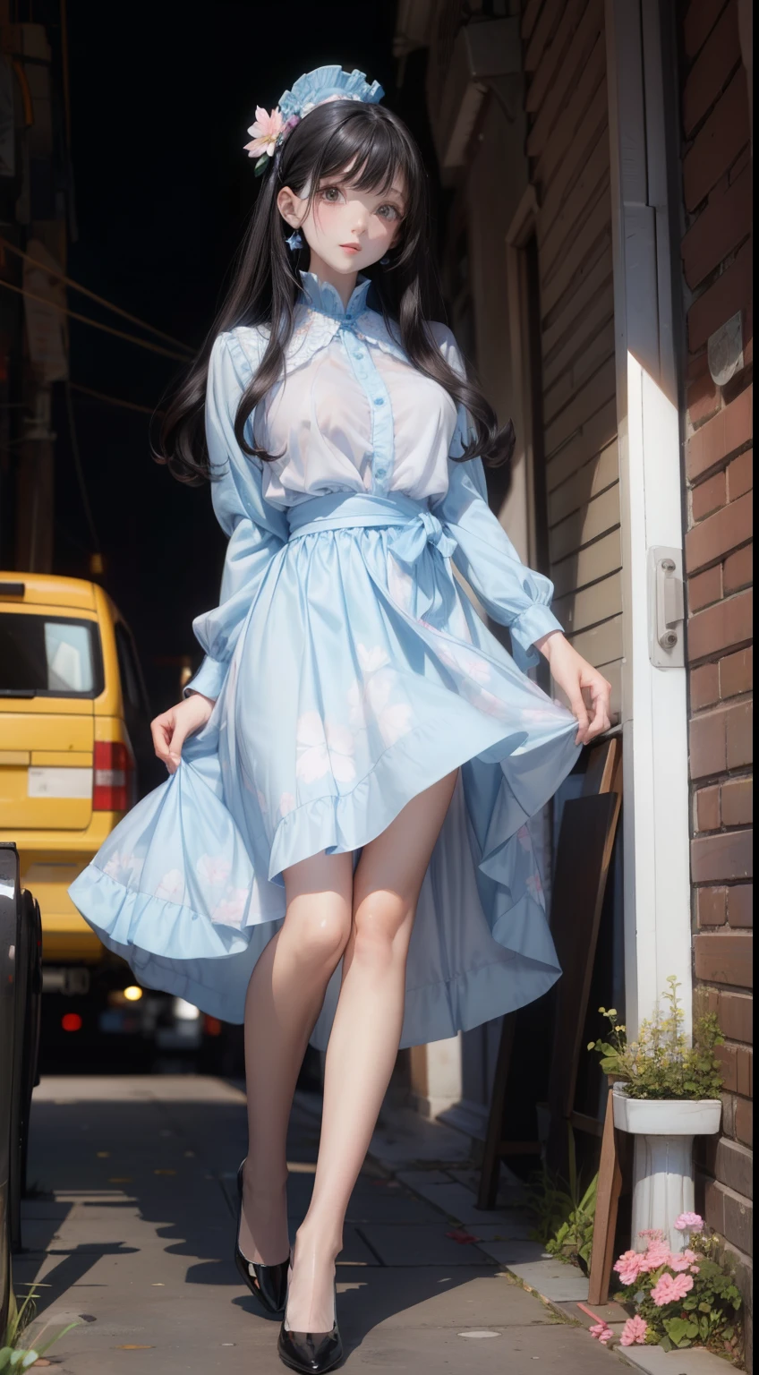 A woman wearing a light blue knee-length floral summer dress, elegant, Cute face, Flat Heel Shoes, , Adult face, Slightly wavy hair, ((Black Hair)) Shine, bright black eyes, Slim frame, Increased breast size, Long legs, Soft pink lips, Black Hair、Long Hair,  british woman、Second dimension beautiful girl、sexy look、smile、perfect ratio、the cutest in the world、Big Breasts