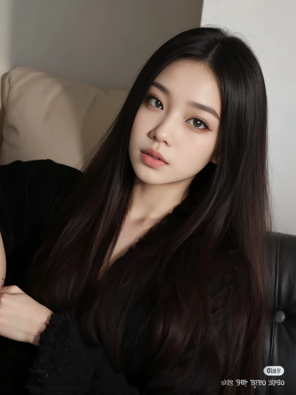 Arafa woman with long black hair sitting on a sofa, asian girl com cabelo comprido, linda jovem coreana, cruel korean goth girl, linda mulher sul-coreana, Ulzzang,  coreana, com cabelo comprido and piercing eyes, linda jovem coreana, big eyes and long flowing hair, com longos cabelos escuros, com cabelo comprido, cabelo longo castanho escuro