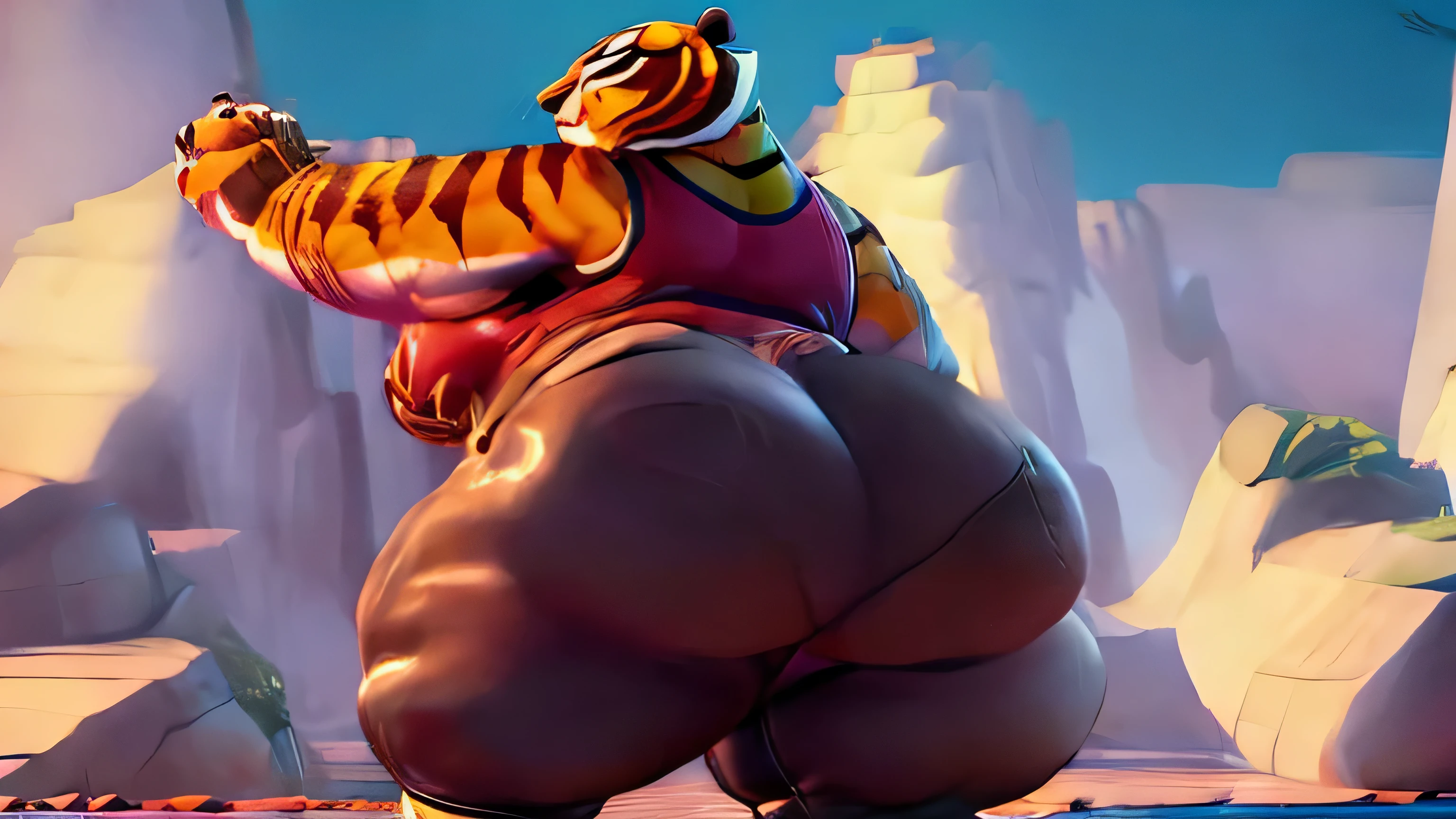Sozinho, Female, , Mestre Tigresa, colete vermelho, black pants, bunda em forma, cauda de tigre, vista traseira, (nervoso), Sorriso, standing, fundo do castelo, corpo todo, alta qualidade, 8k, 3d, estilo dreamworks, bbw, gordinha, pernas grandes, peitos enormes, bunda enorme, peitos grandes