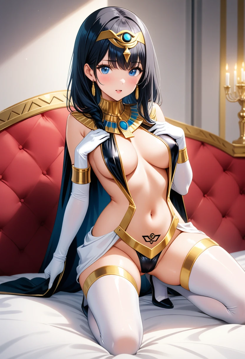 SSSS.Gridman,Takarata Rikka,8K,bestquality,bestmasterpiece,kneeling,female Pharaoh,very pretty and charming,low-cut,Navel exposed suit,Chest revealing clothing,A haughty expression,Eye of Horus,crotch tattoo,Kneeling on the bed,crotch tattoo,crotch tattoo,Hip coat of arms