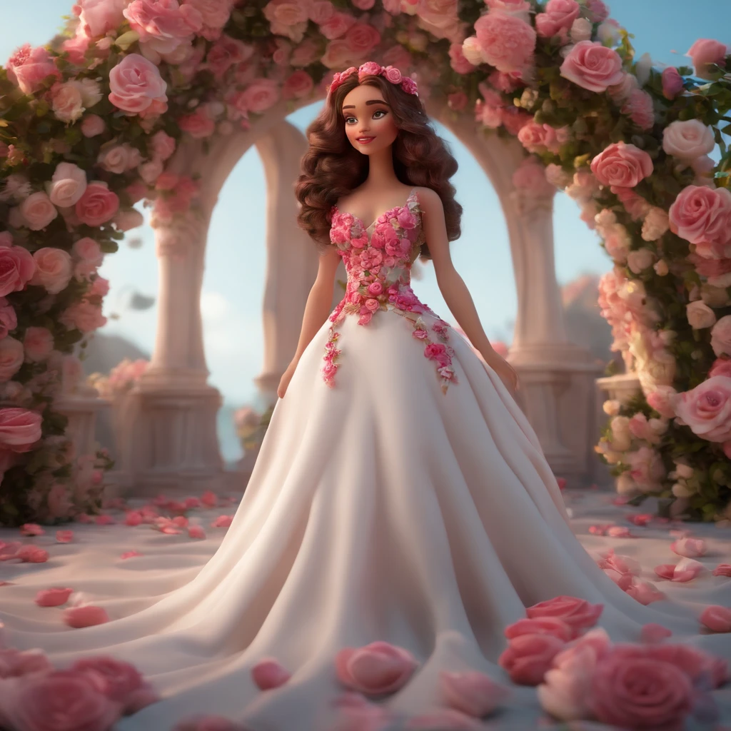 Uma linda modelo estilo pixar 3D d Disney com cabelos cacheados vestido branco com rosas 3D