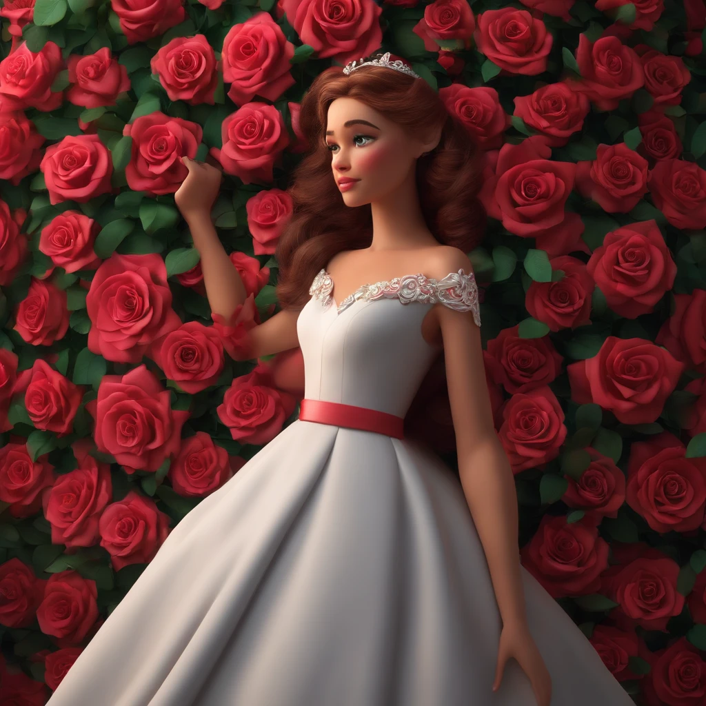 Uma linda modelo estilo pixar 3D d Disney com cabelos cacheados vestido branco com rosas 3D