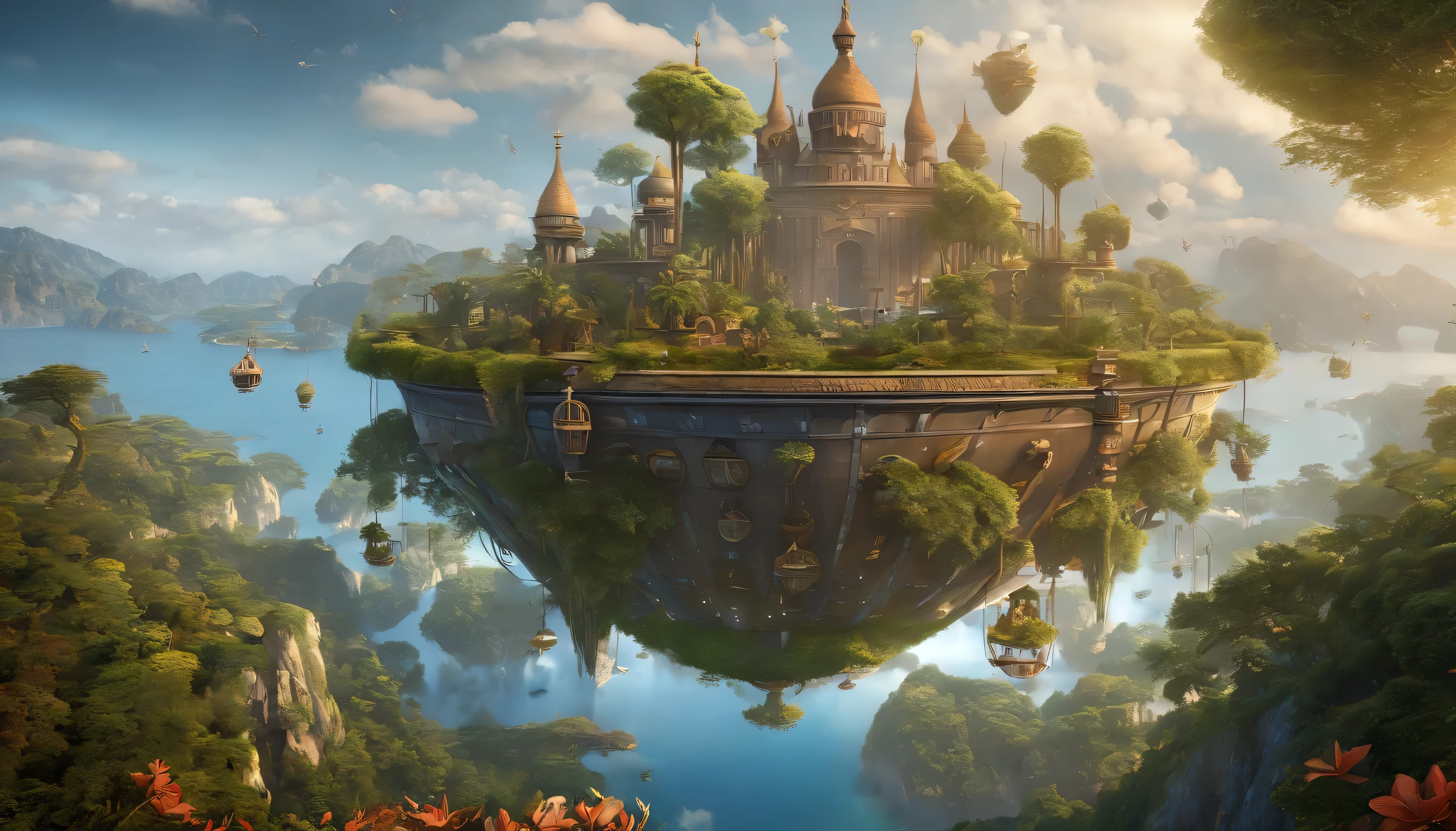 Many islands are suspended in the air with many small airships flying around, cities, fantasy, magical plants growing, extreme details, realistic light, epic composition, (complex details), (complex design, ultra-details :1.2), Art Station, (Masterpiece, Best Quality), Ultra HD, 32k --v 6
