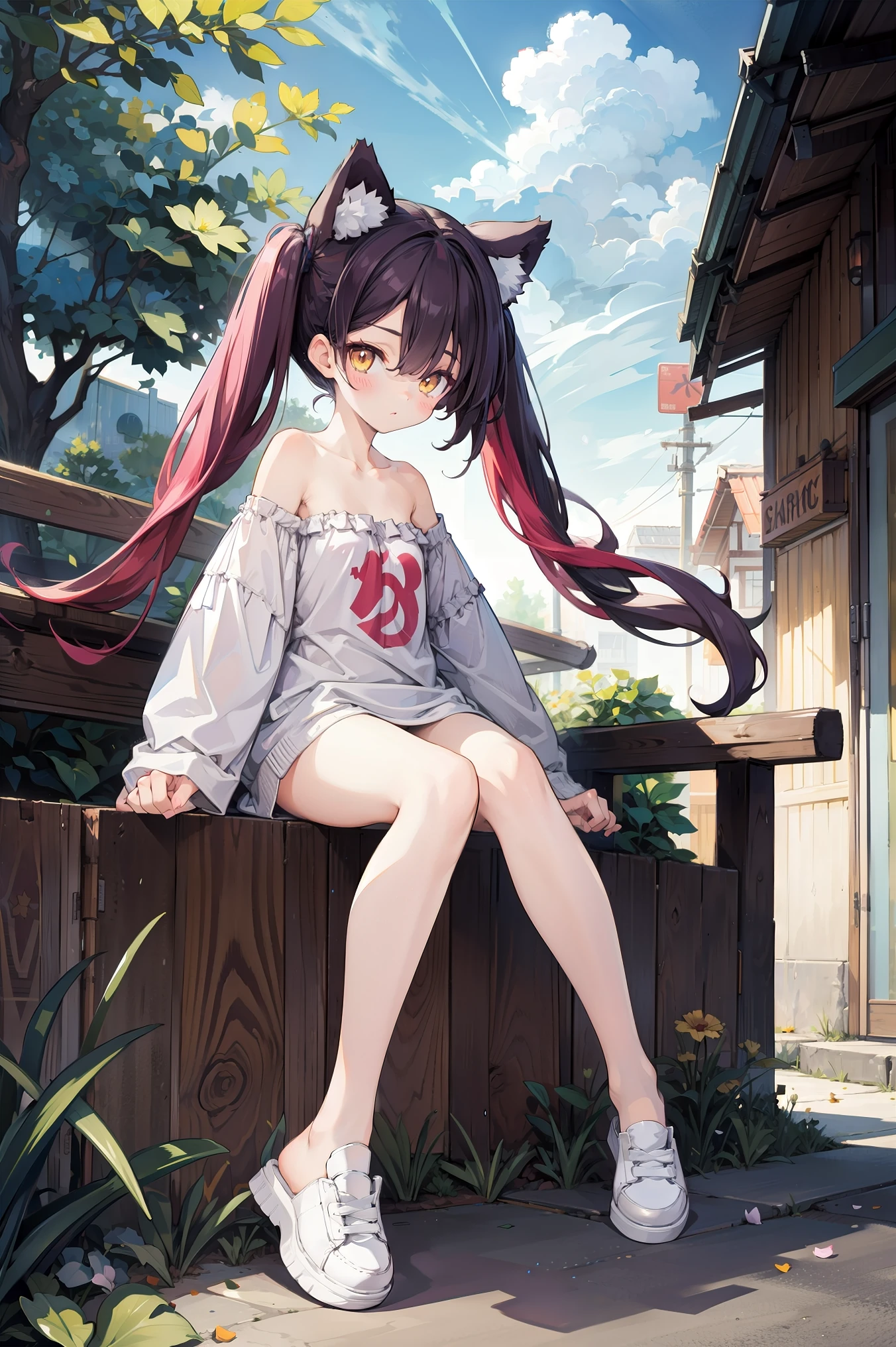 panorama view,1girl,solo,(full body:1.2),((purple hair)),yellow eyes,day,sitting,tree,twin braids,bare legs,multicolored footwear,no pants,cat ears, (sneakermules,shoelaces),blue sky,cloud,white oversized naked sweater,long_sleeves,sleeves_past_fingers,single bare shoulder,slender,thin,flower,petal,blunt bangs,long bangs,alley,city,bent_over, looking at viewer,blush,embarrassed, :<,thick_eyebrows, twintails,long hair,hair over one eye,strapless,cat tail