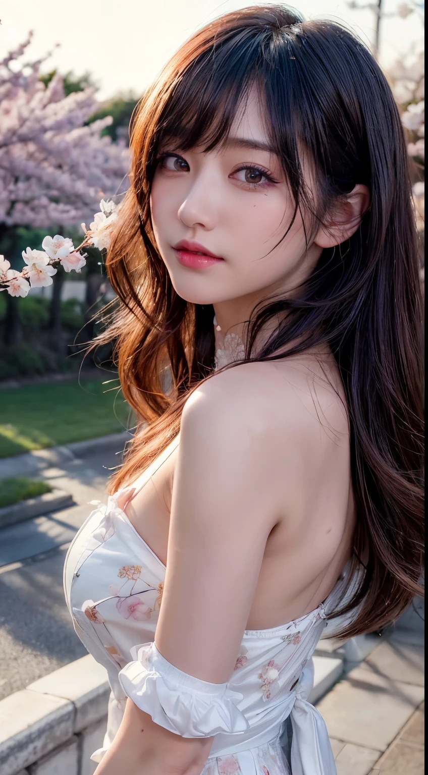(logo、masterpiece、8k、Tabletop、RAW Photos、wonderful、最high quality、Photorealistic and Very detailed CG integrated 8k wallpaper、high quality、Very detailed、Narrative poem、Particle Effects、Dynamic Effects、Written boundary depth、Cinematic Light、Lens flare、Ray Tracing)、Fantasy、 (1 beautiful woman、dress、dress、Cherry blossom pattern、Black-haired、Beautiful Face、True Face、Beautiful details、eye、Beautiful Skin)、私の髪はWindに舞う、Hair flutters in Wind、hair bounces、Pink cherry blossom tree、Petals fluttering、SakuraFubuki、wonderful scenery、sunrise、Sun in the background、Wind、