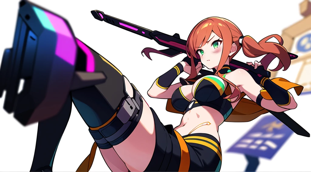 colorful , masterpiece, best quality, 1girl, weapon, solo, holding weapon, ((blurry background)), bare shoulders, variety of color clothes, variety of hairstyles, bra top, lowleg panties, orange, green, violet, brown, white, blurry background,
