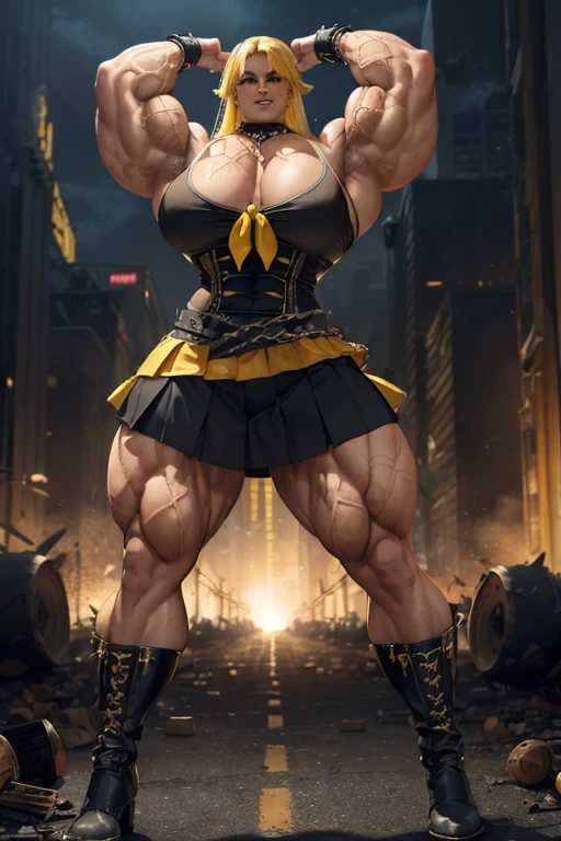 ((((Massive, tall, beautiful, buff, light brown skinned muscular woman with yellow hair, black lipstick, ginormous bulky muscles, wearing a black gothic blouse with pleated skirt and tie)))), close view, (black lipstick), massive muscle, massive biceps, hyper muscle shoulders, (ginormous muscle arms), hyper muscle triceps, (flowing long hair), gray eyes, choker, (chain belt), black boots, (spiked gauntlets), (fingerless gloves), (in a destroyed chaotic city), evil smile, night, hyper vascular arm, hyper muscles arms, hyper muscle legs, (ginormous arms).