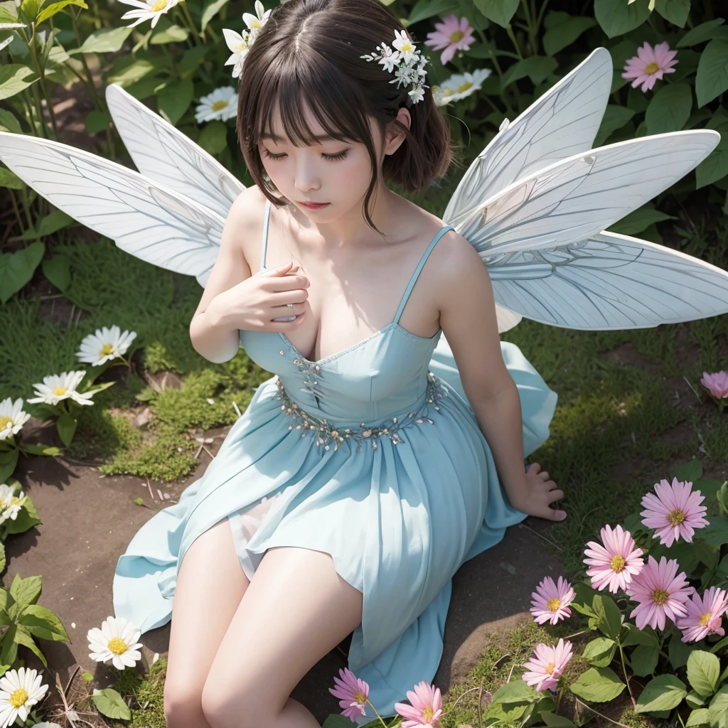 Flower Fairy、Flowers々Surrounded by、About the size of flowers、About the size of butterflies、Beautiful girl with transparent shiny beautiful wings on her back、離陸時にShine鱗が飛ぶ、sitting on flowers、Highly detailed background,Realistic,Ultra-detailed,Highly detailed skin,Shine,Film Grain,According to II,Lens flare,sharp,Shadows in the movie