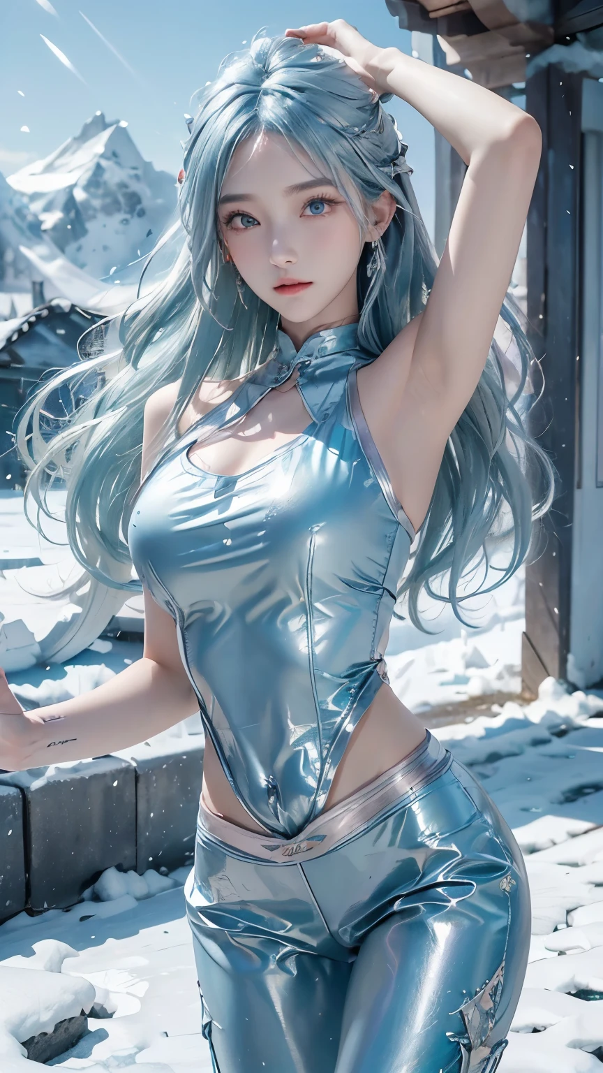See-through rubber suit with a low neckline、Nipple slip、Leaning forward、Blue Hair、Enhance the nipples、Snow Mountain
